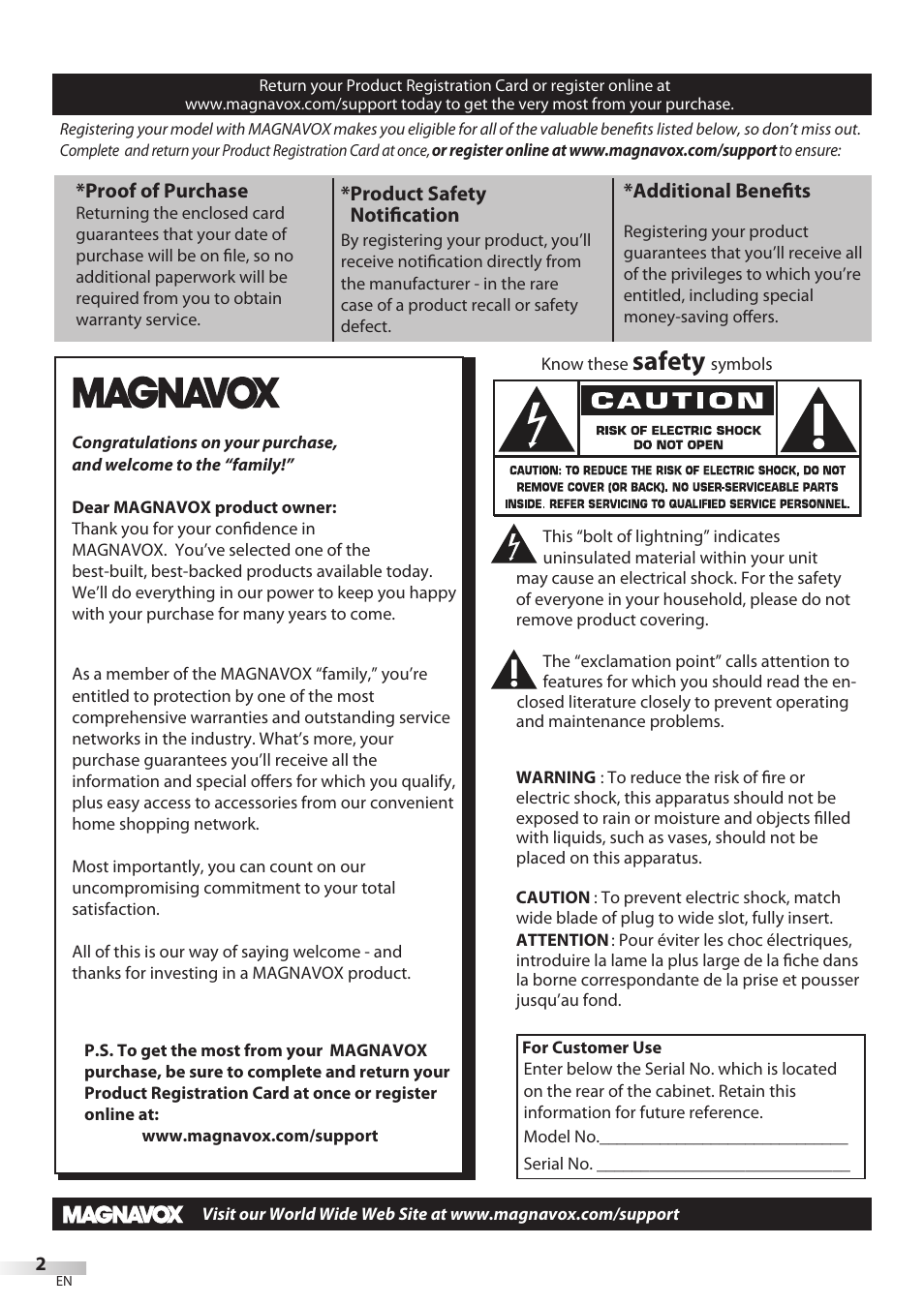 Safety | Philips Magnavox 42MD459B User Manual | Page 2 / 182