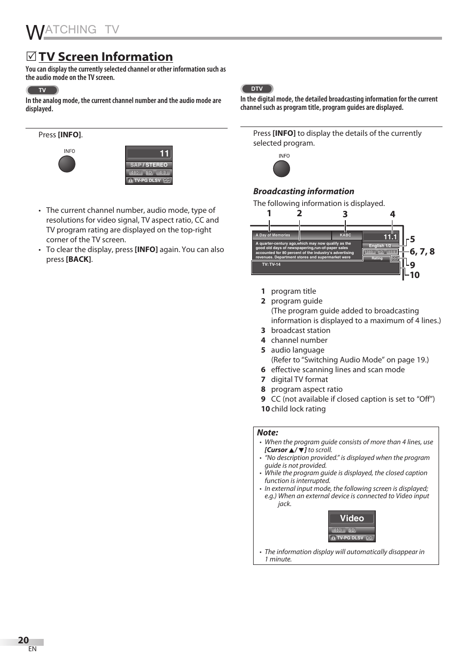 Atching tv, Tv screen information, Broadcasting information | Video | Philips Magnavox 42MD459B User Manual | Page 20 / 182