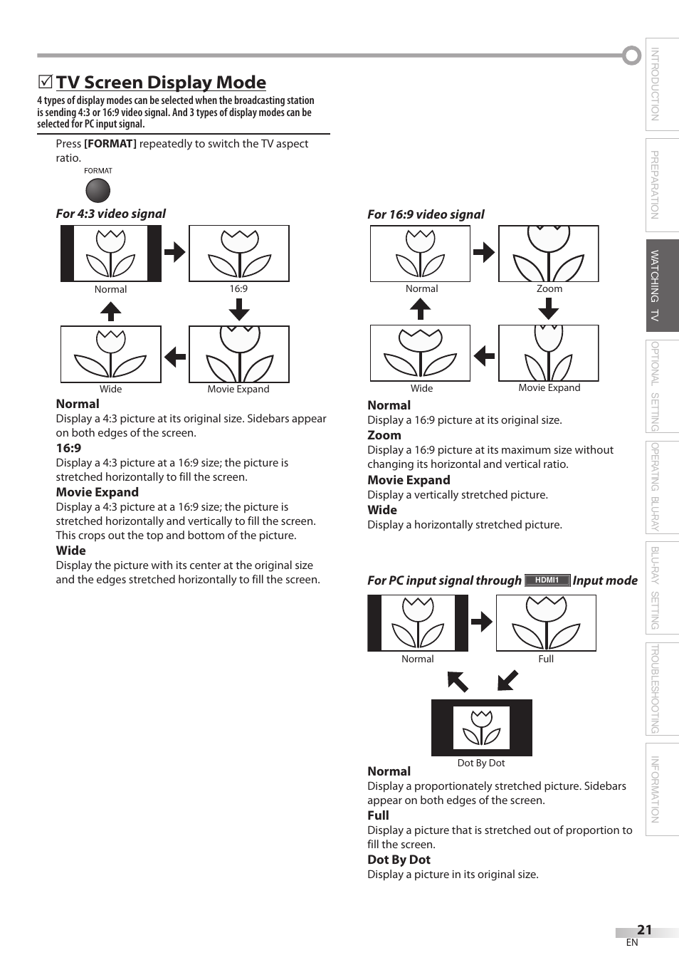 Tv screen display mode | Philips Magnavox 42MD459B User Manual | Page 21 / 182