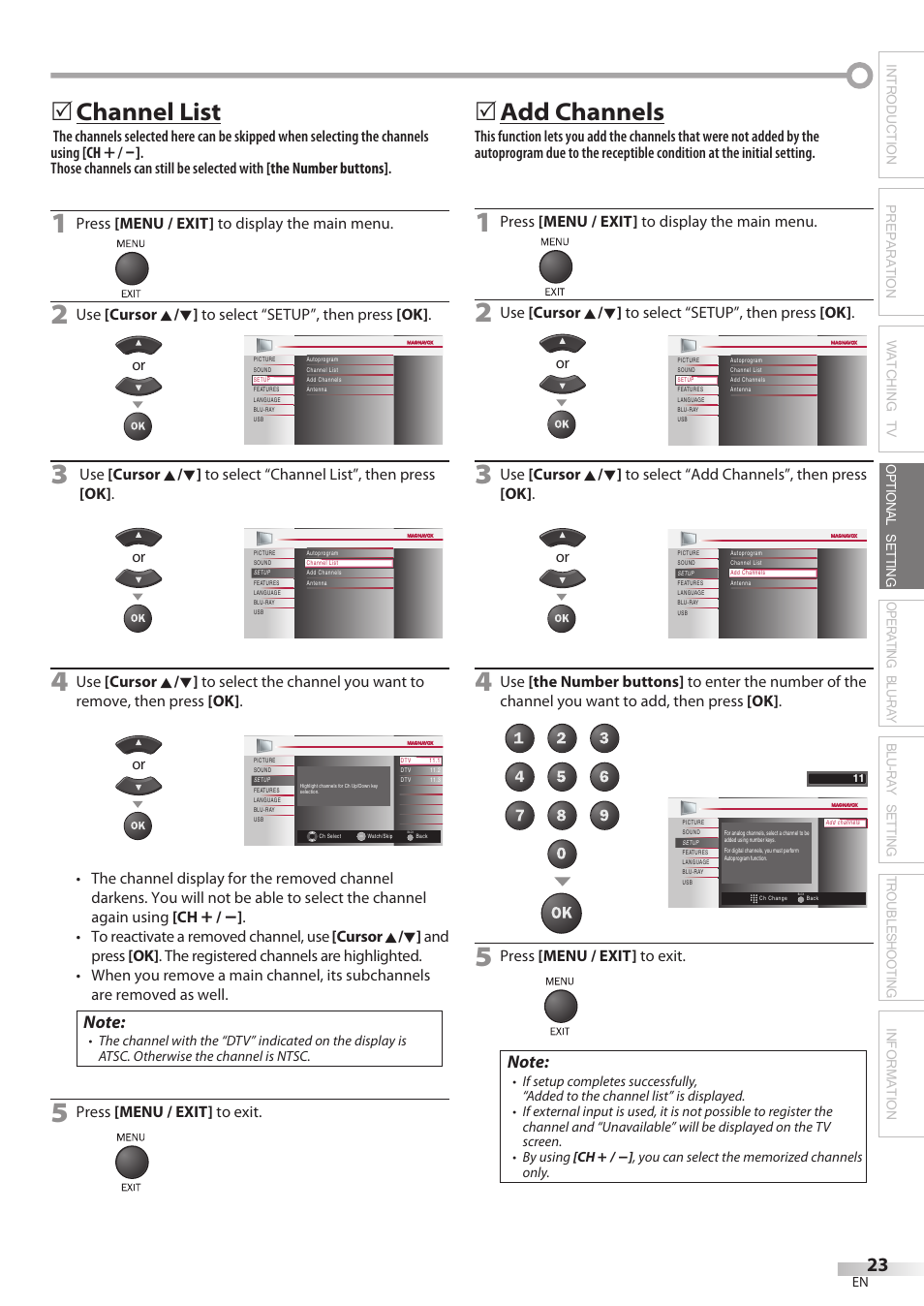 Channel list, Add channels | Philips Magnavox 42MD459B User Manual | Page 23 / 182