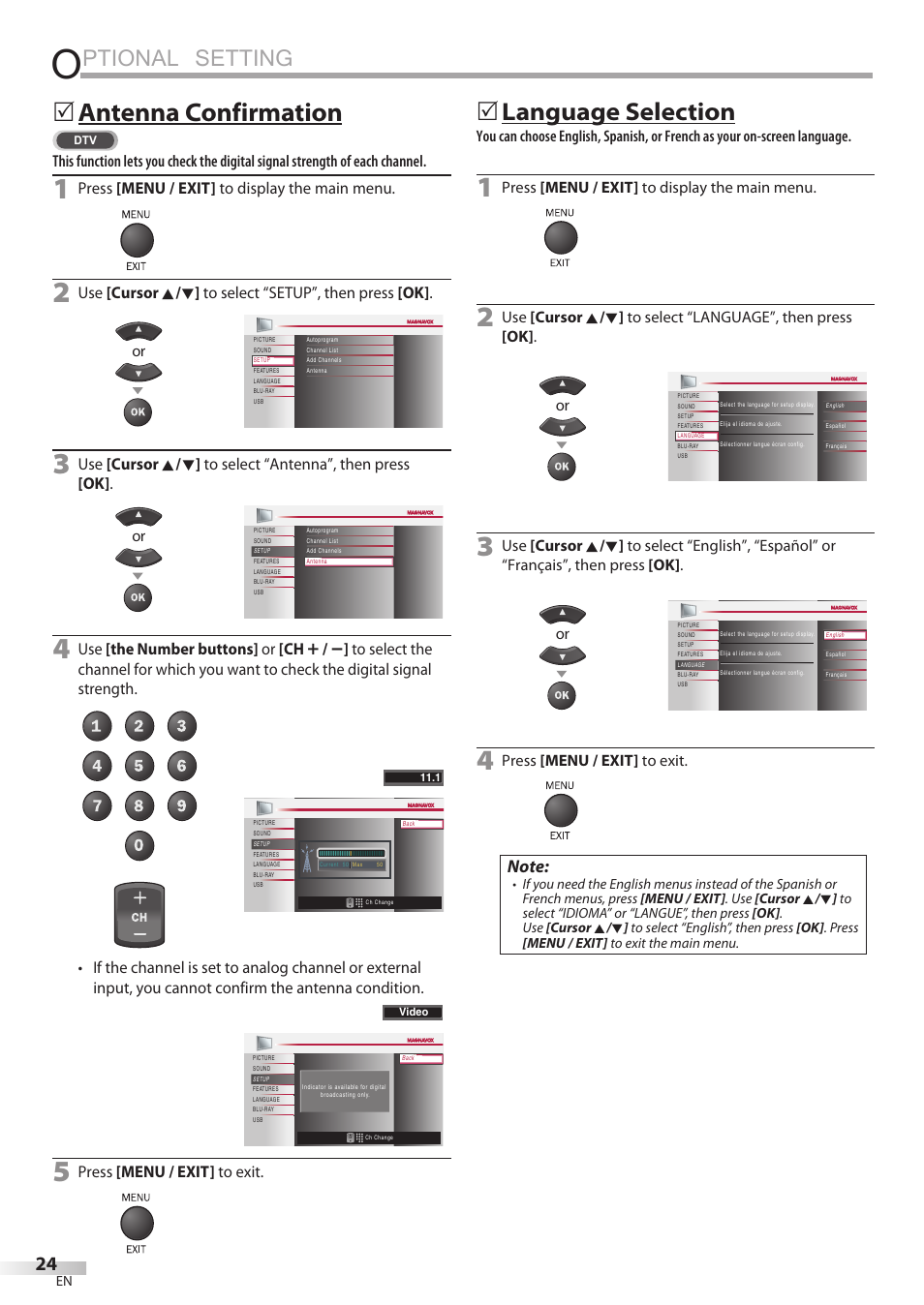 Ptional setting, Antenna confirmation, Language selection | Philips Magnavox 42MD459B User Manual | Page 24 / 182