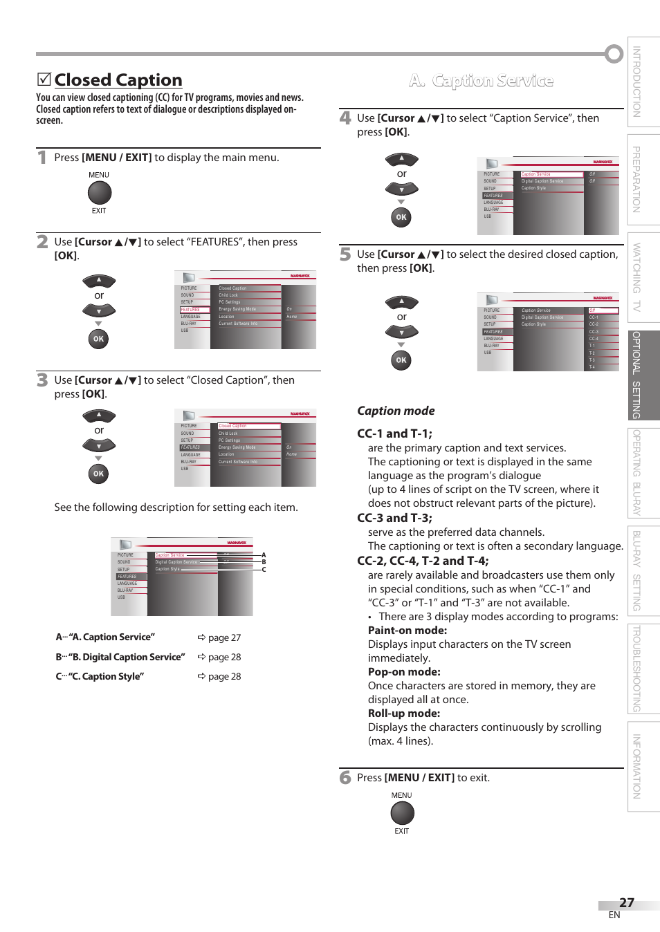 Closed caption, A. caption service, Caption mode cc-1 and t-1 | Cc-3 and t-3, Cc-2, cc-4, t-2 and t-4 | Philips Magnavox 42MD459B User Manual | Page 27 / 182