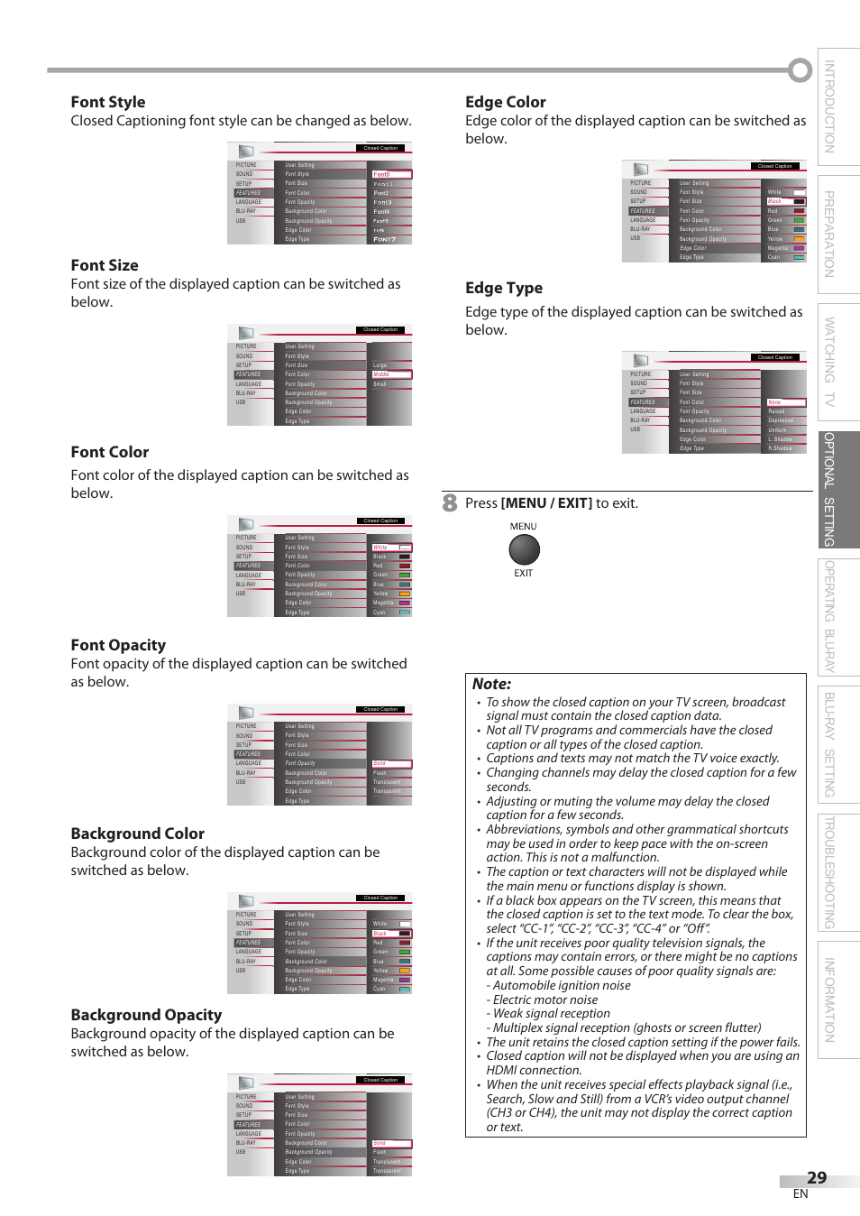 Font style, Font size, Font color | Font opacity, Background color, Background opacity, Edge color, Edge type, Press [menu / exit] to exit | Philips Magnavox 42MD459B User Manual | Page 29 / 182