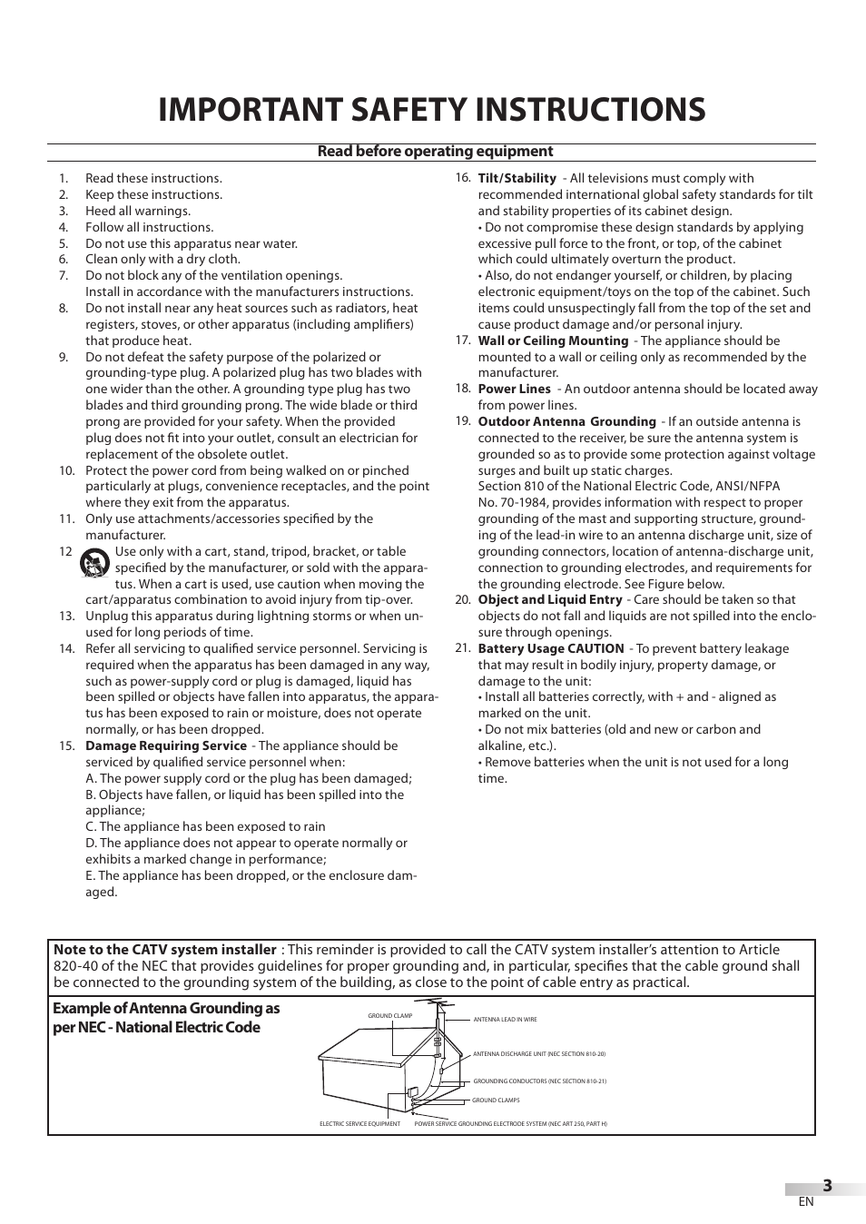 Important safety instructions | Philips Magnavox 42MD459B User Manual | Page 3 / 182