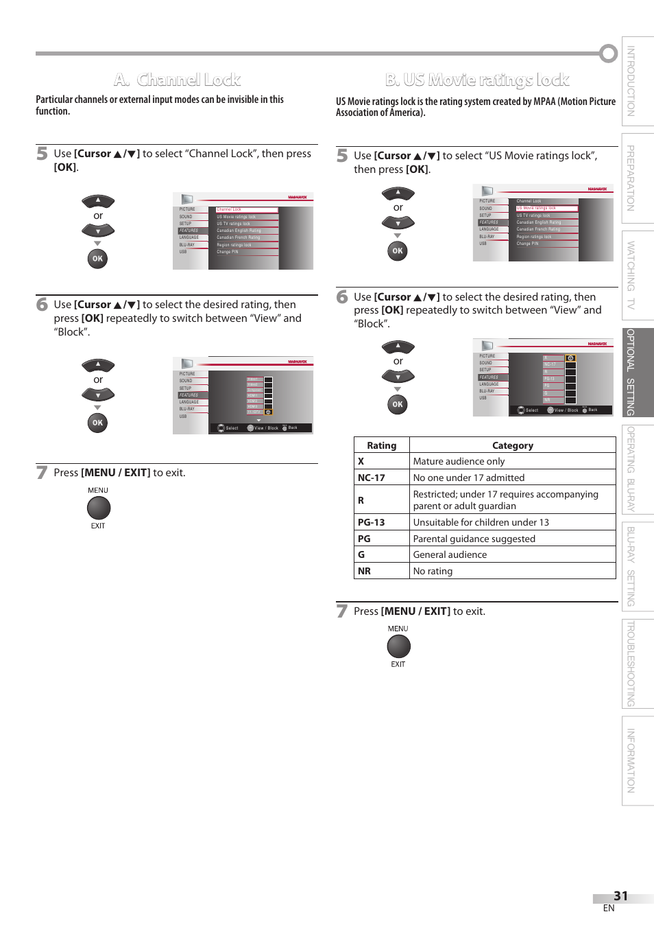 A. channel lock, B. us movie ratings lock | Philips Magnavox 42MD459B User Manual | Page 31 / 182