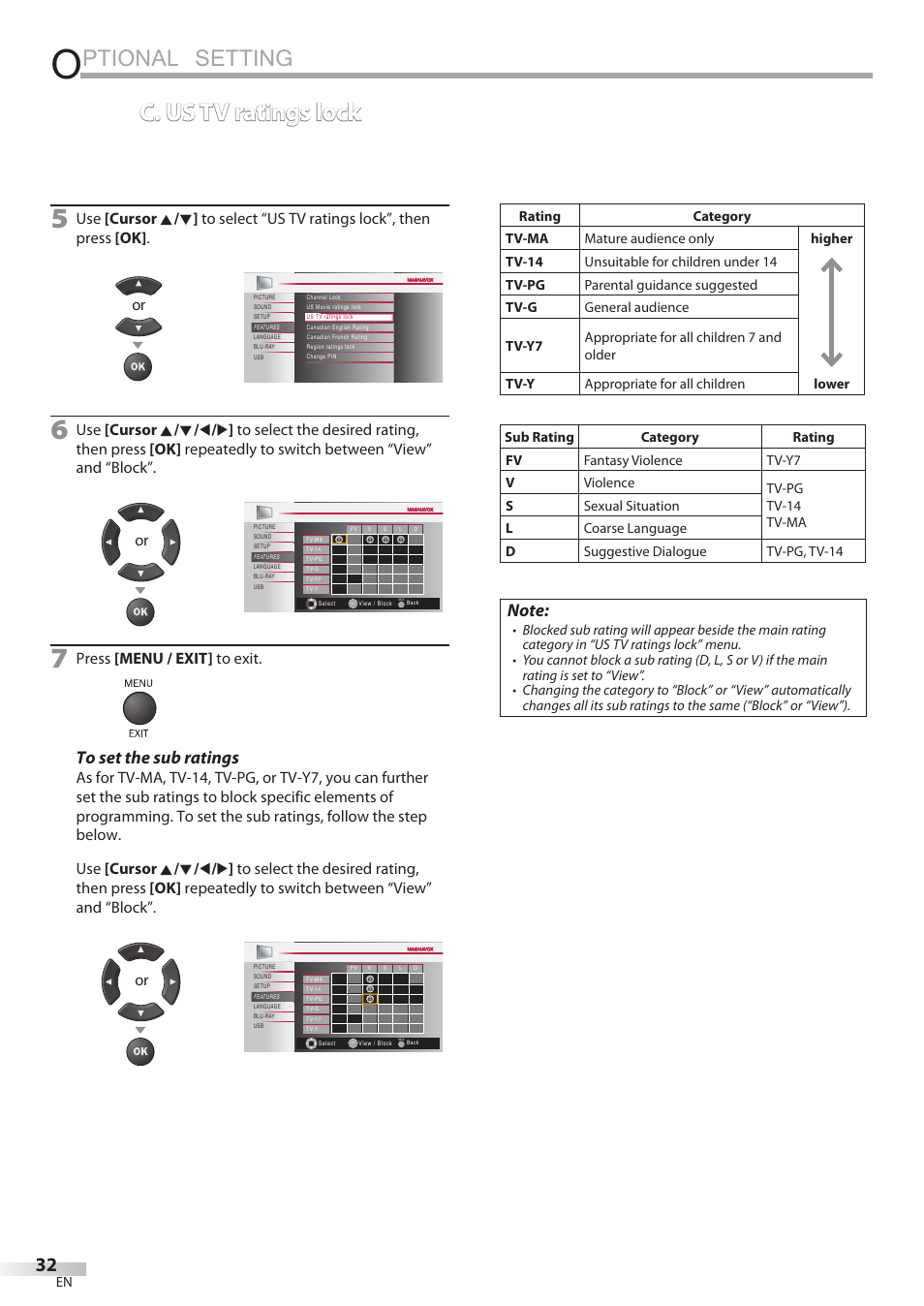 Ptional setting, C. us tv ratings lock | Philips Magnavox 42MD459B User Manual | Page 32 / 182