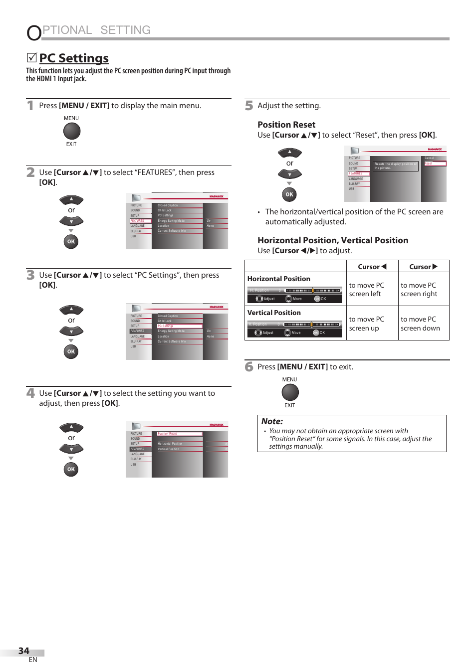 Ptional setting, Pc settings, Position reset | Horizontal position, vertical position | Philips Magnavox 42MD459B User Manual | Page 34 / 182