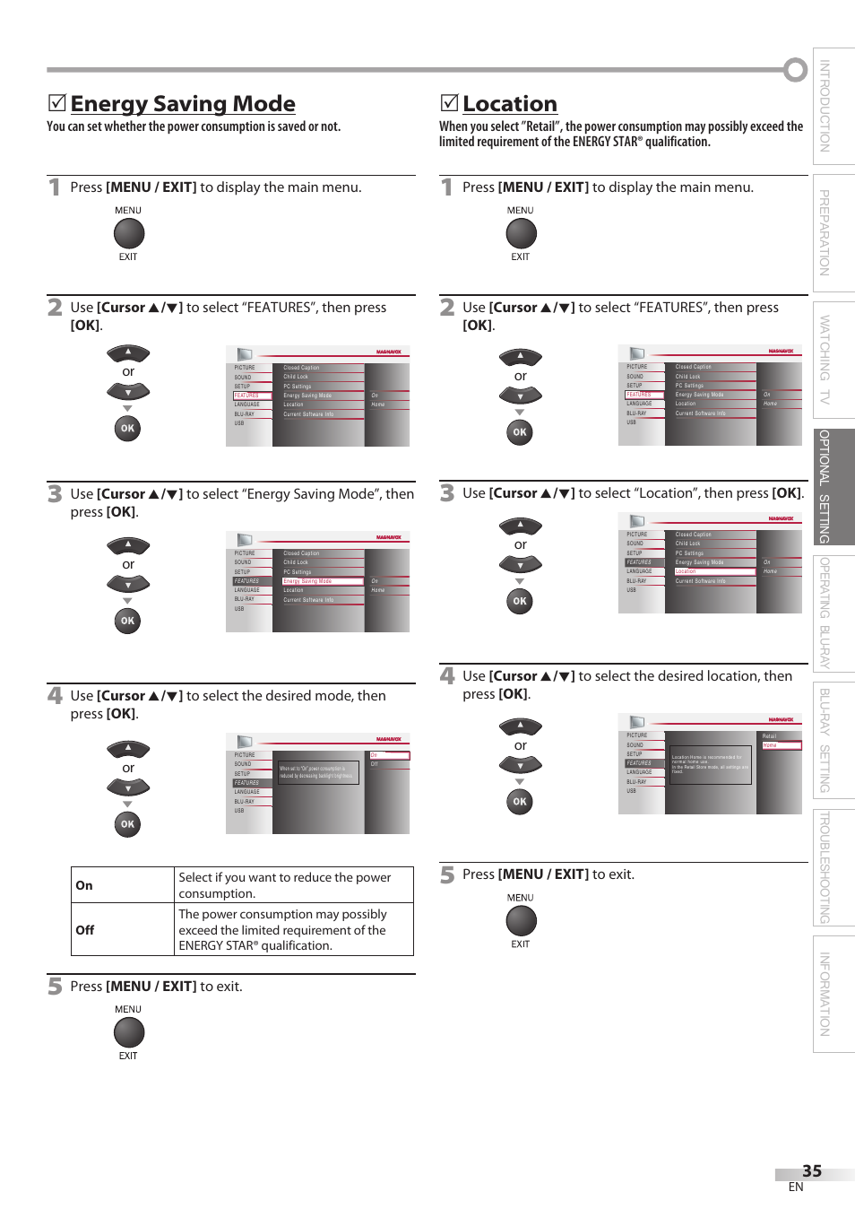 Location, Energy saving mode | Philips Magnavox 42MD459B User Manual | Page 35 / 182