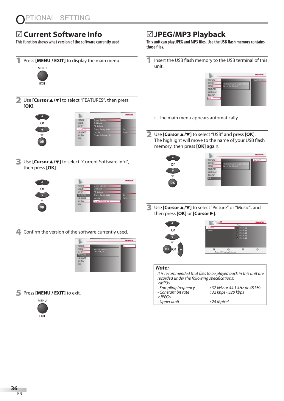 Ptional setting, Current software info, Jpeg/mp3 playback | Philips Magnavox 42MD459B User Manual | Page 36 / 182