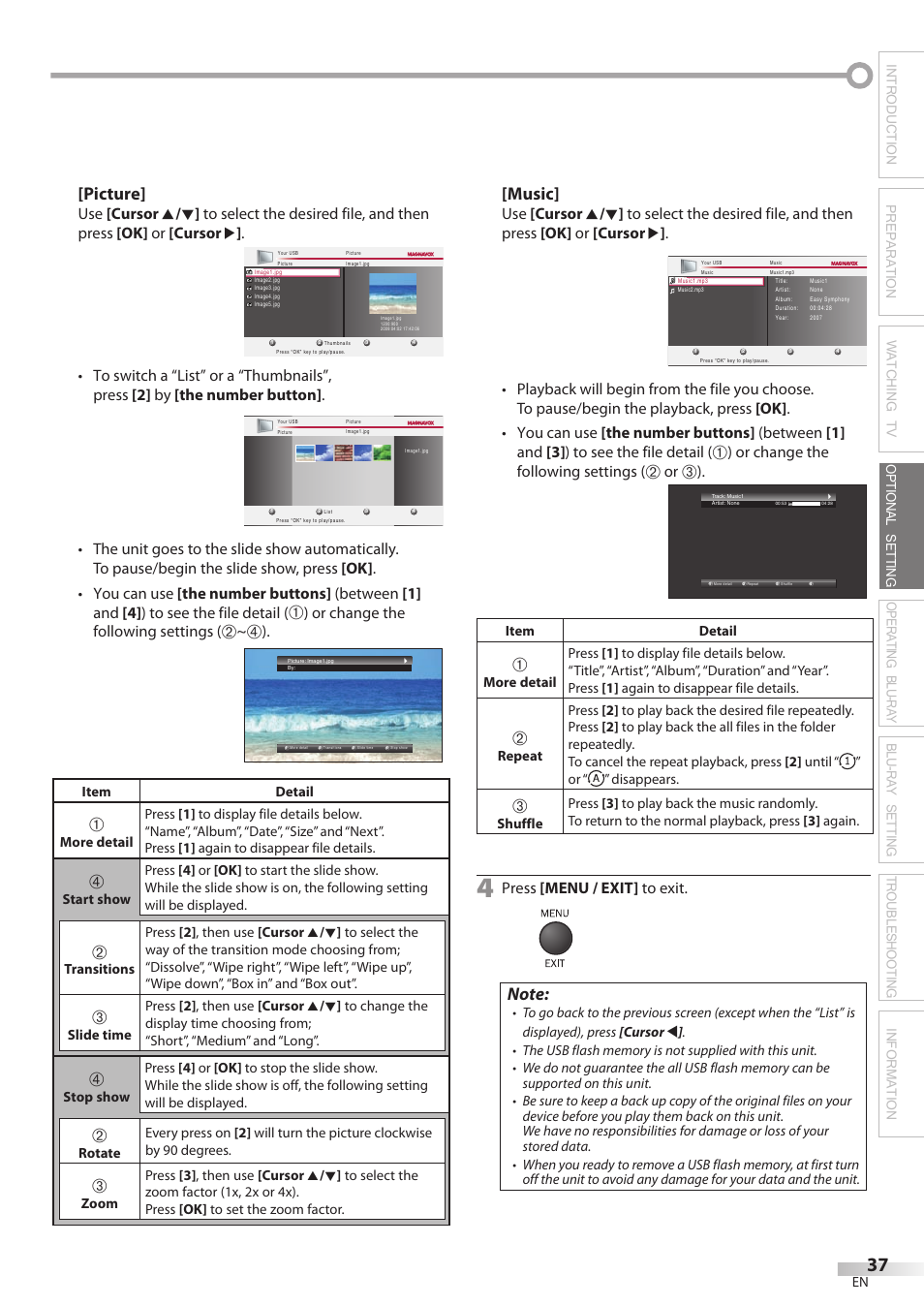 Music, Picture, Or change the following settings | Press [menu / exit] to exit | Philips Magnavox 42MD459B User Manual | Page 37 / 182