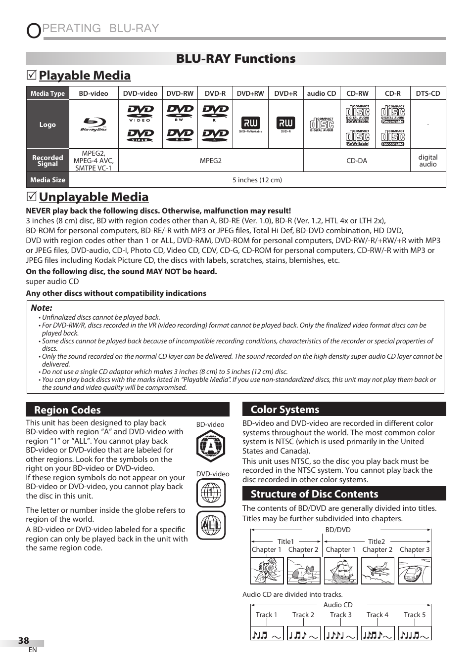 Perating blu-ray, Playable media, Unplayable media | Blu-ray functions, Region codes, Color systems, Structure of disc contents | Philips Magnavox 42MD459B User Manual | Page 38 / 182