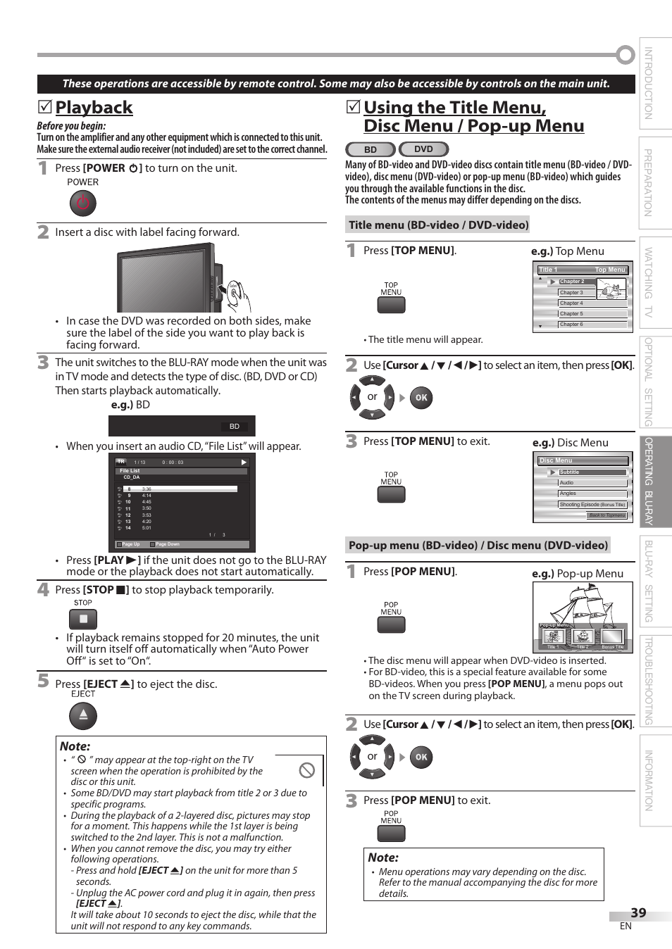 Playback, Using the title menu, disc menu / pop-up menu | Philips Magnavox 42MD459B User Manual | Page 39 / 182