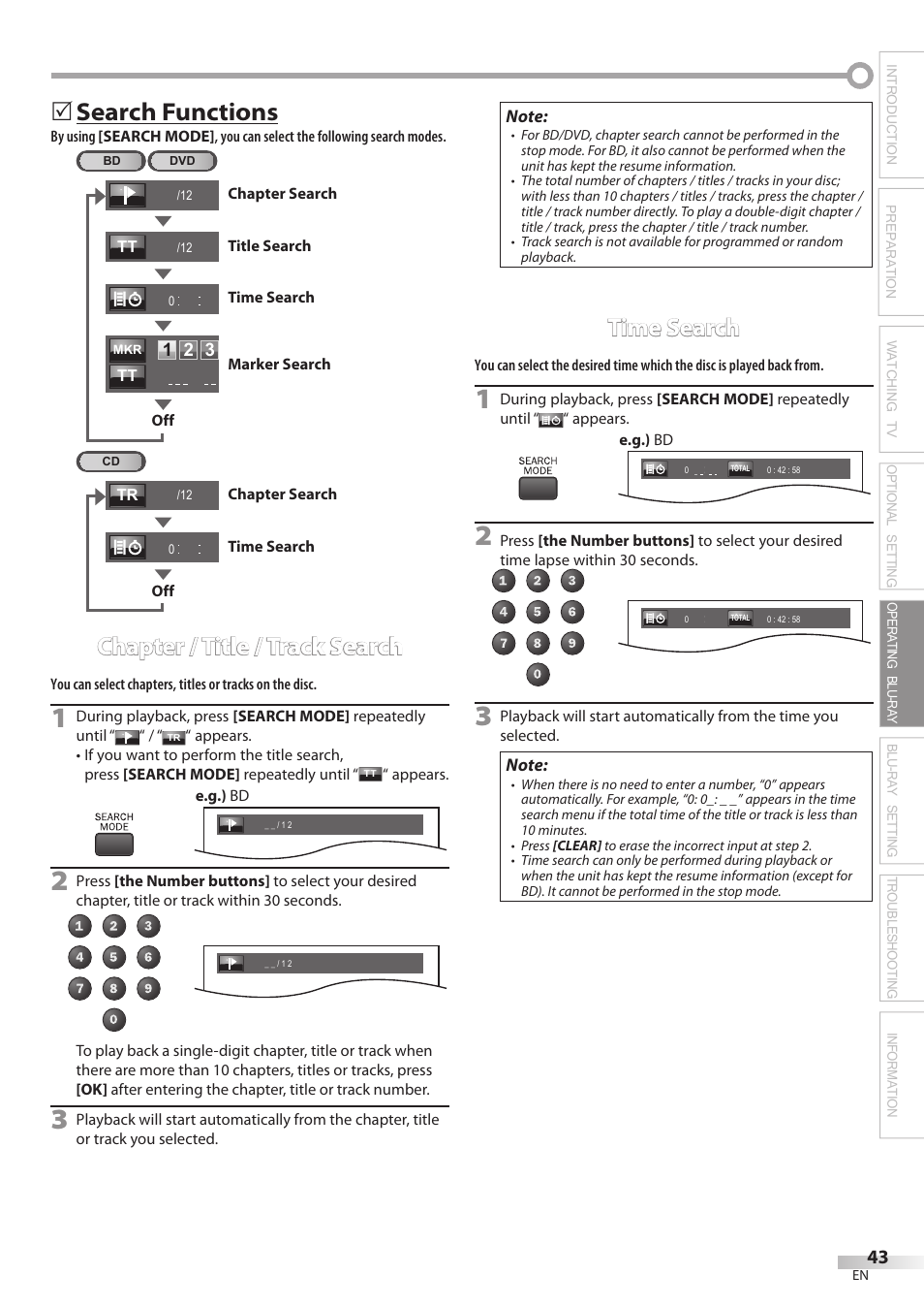 Search functions, Chapter / title / track search, Time search | Philips Magnavox 42MD459B User Manual | Page 43 / 182