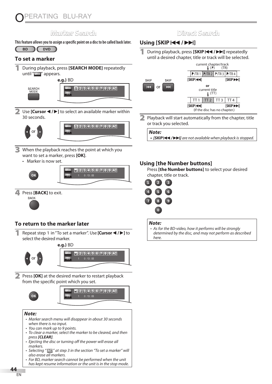 Perating blu-ray, Marker search, Direct search | Using [skip h / g, Using [the number buttons | Philips Magnavox 42MD459B User Manual | Page 44 / 182