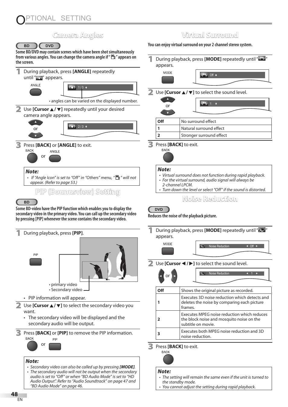 Ptional setting, Camera angles, Pip (bounusview) setting | Virtual surround, Noise reduction | Philips Magnavox 42MD459B User Manual | Page 48 / 182