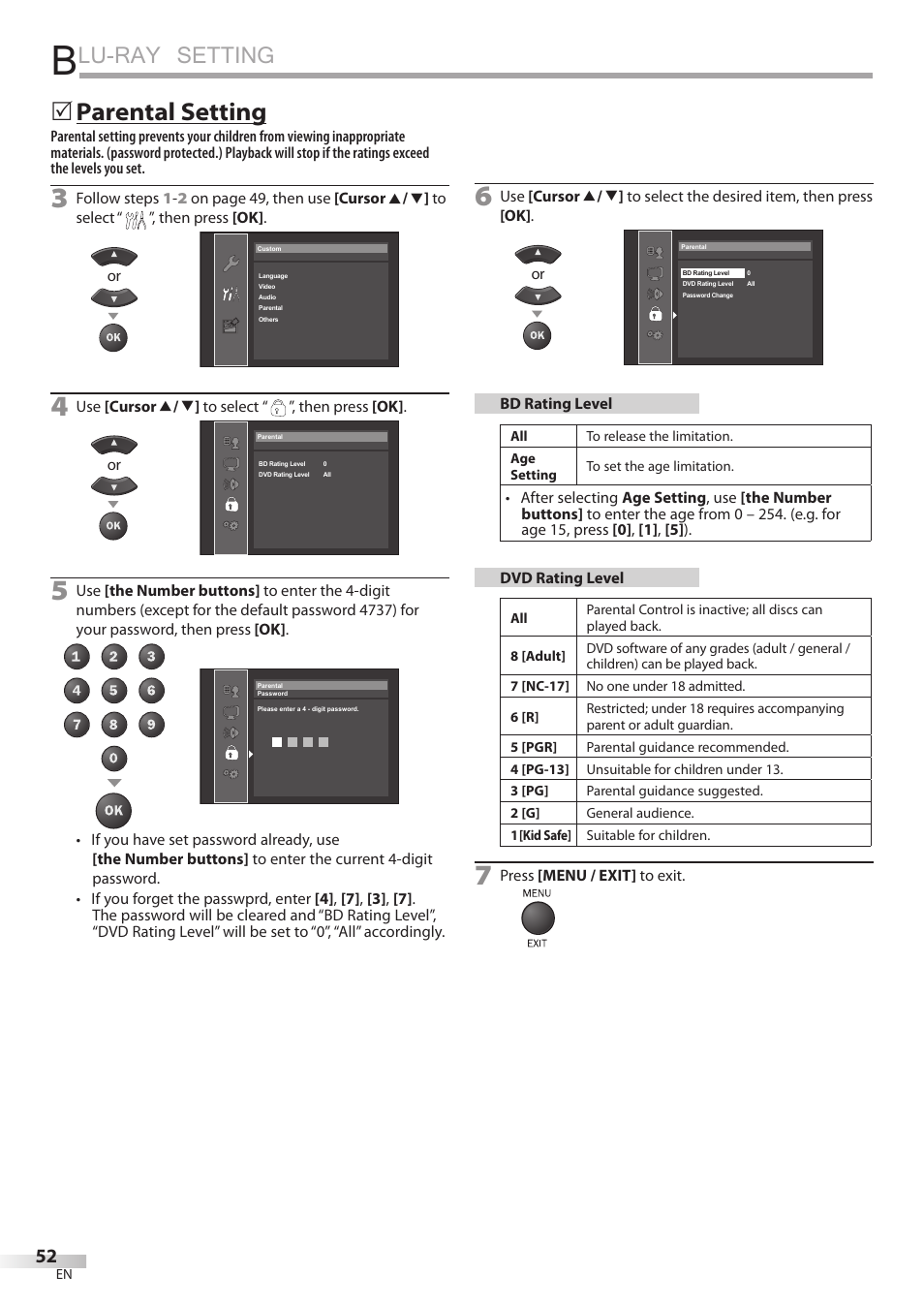 Lu-ray setting, Parental setting | Philips Magnavox 42MD459B User Manual | Page 52 / 182