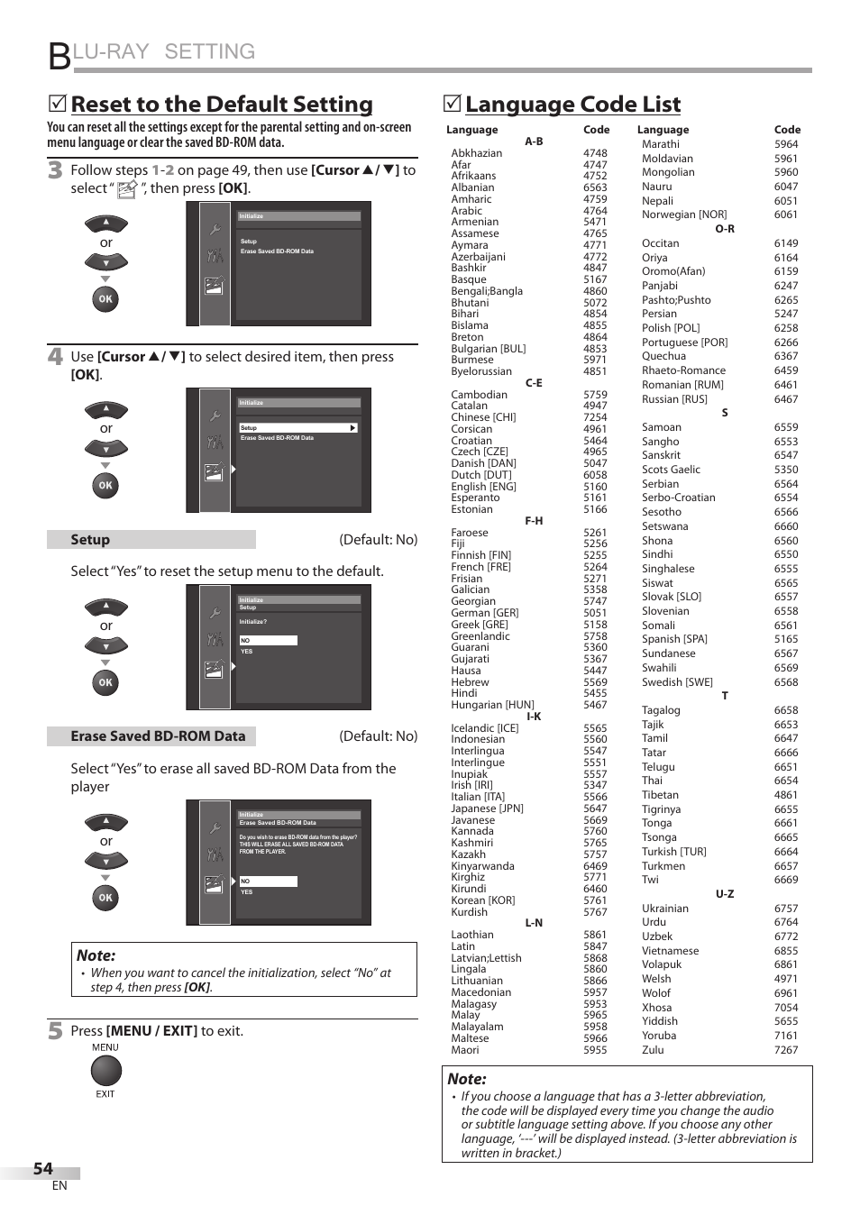 Lu-ray setting, Reset to the default setting, Language code list | Philips Magnavox 42MD459B User Manual | Page 54 / 182