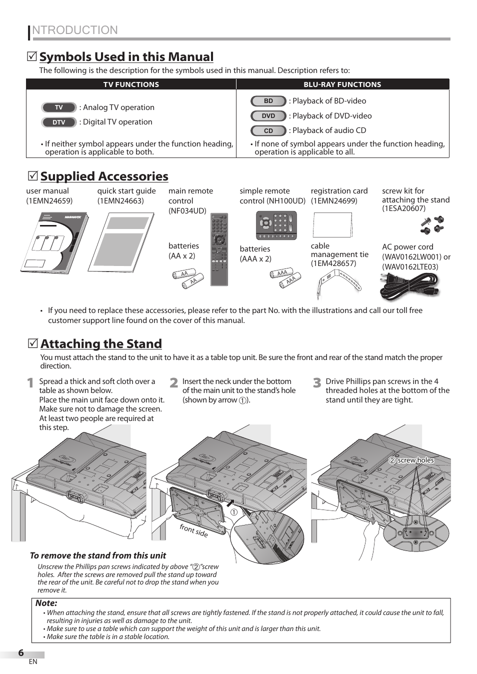 Ntroduction, Supplied accessories, Symbols used in this manual | Attaching the stand | Philips Magnavox 42MD459B User Manual | Page 6 / 182