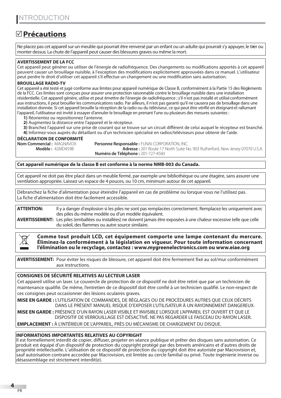 Ntroduction, Précautions | Philips Magnavox 42MD459B User Manual | Page 65 / 182