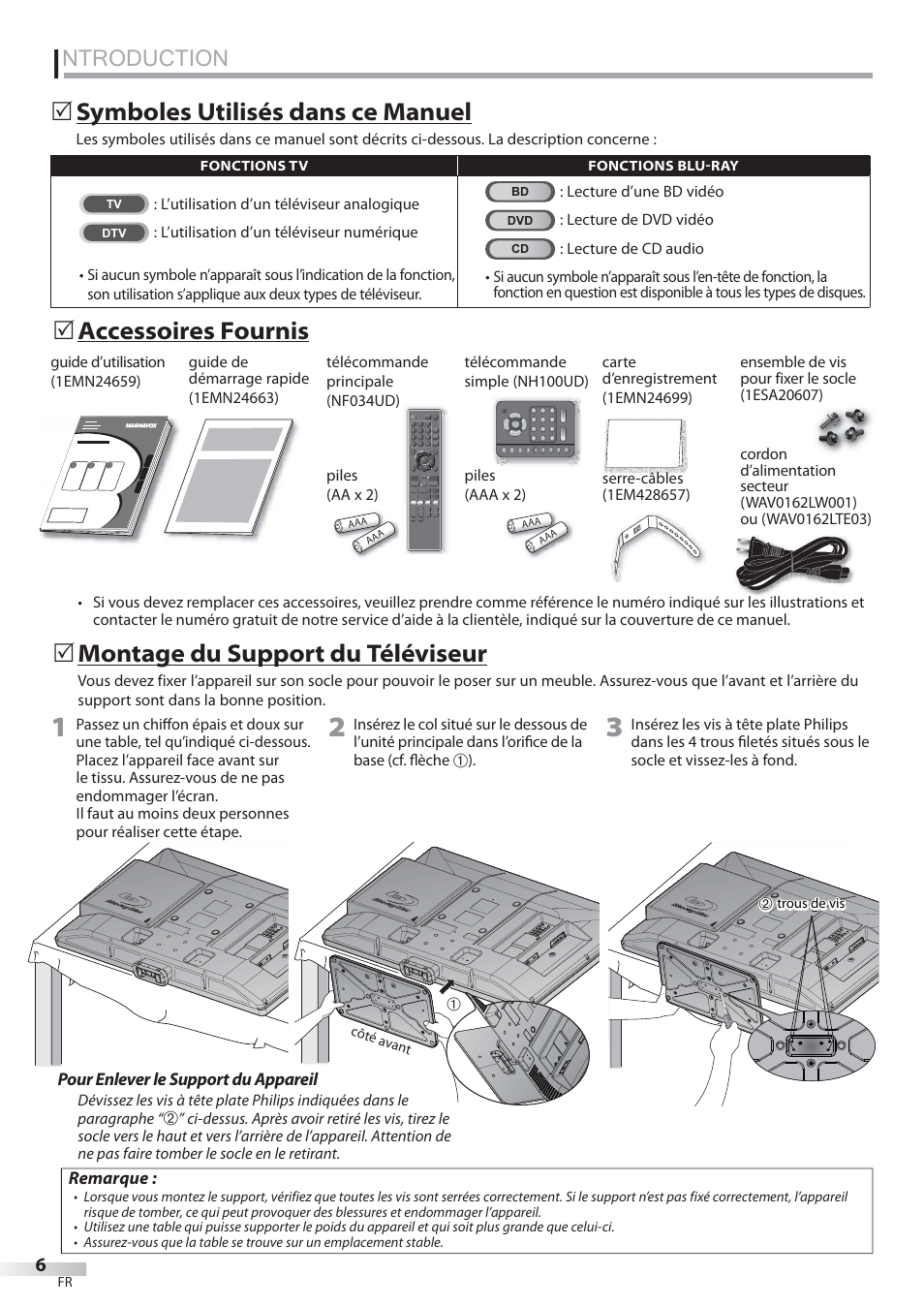 Ntroduction, Montage du support du téléviseur, Accessoires fournis | Symboles utilisés dans ce manuel | Philips Magnavox 42MD459B User Manual | Page 67 / 182