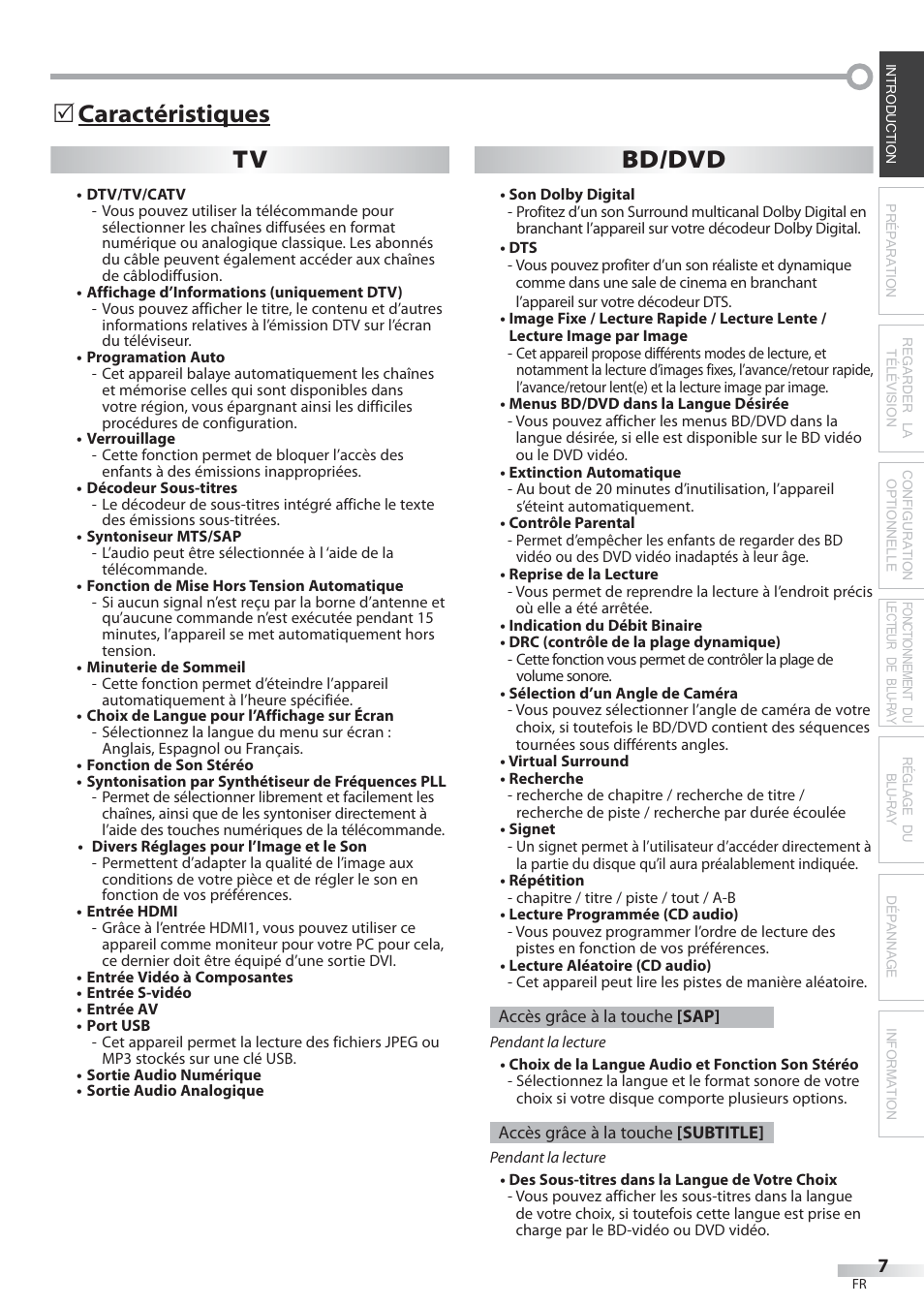 Caractéristiques, Tv bd/dvd | Philips Magnavox 42MD459B User Manual | Page 68 / 182