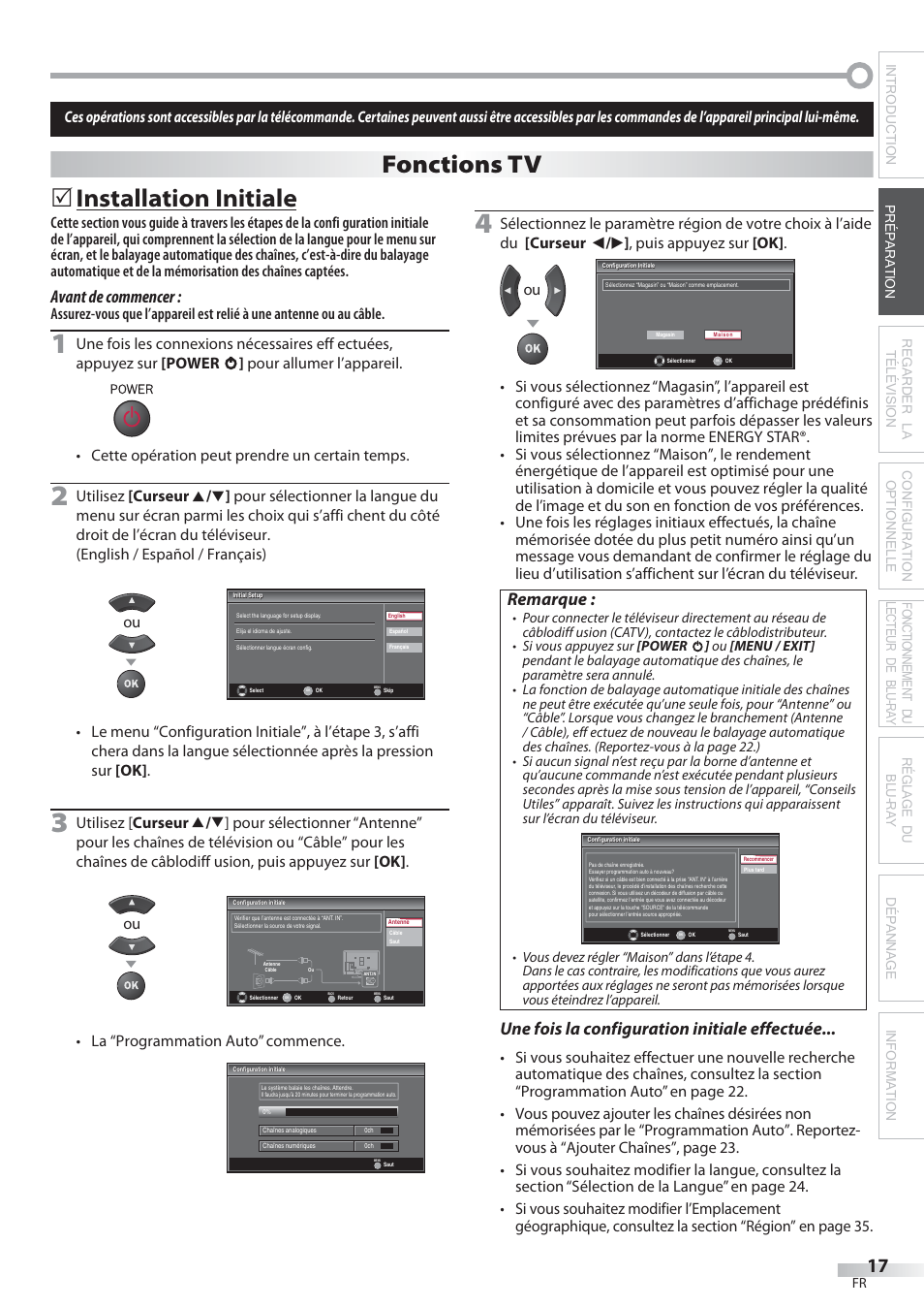 Installation initiale, Fonctions tv, Avant de commencer | Remarque, Une fois la configuration initiale effectuée | Philips Magnavox 42MD459B User Manual | Page 78 / 182