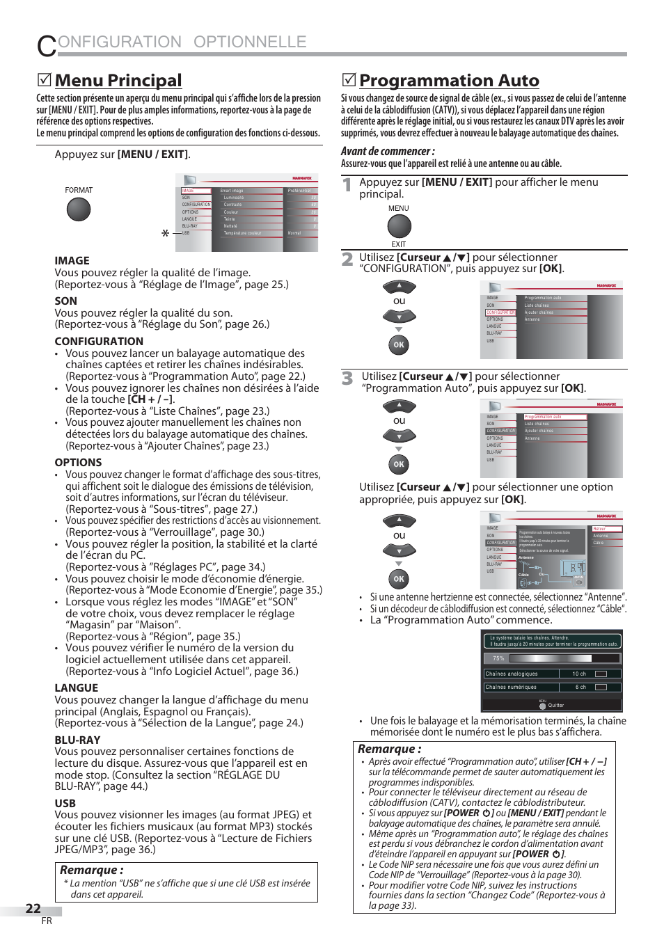 Onfiguration optionnelle, Menu principal, Programmation auto | Remarque, Avant de commencer | Philips Magnavox 42MD459B User Manual | Page 83 / 182