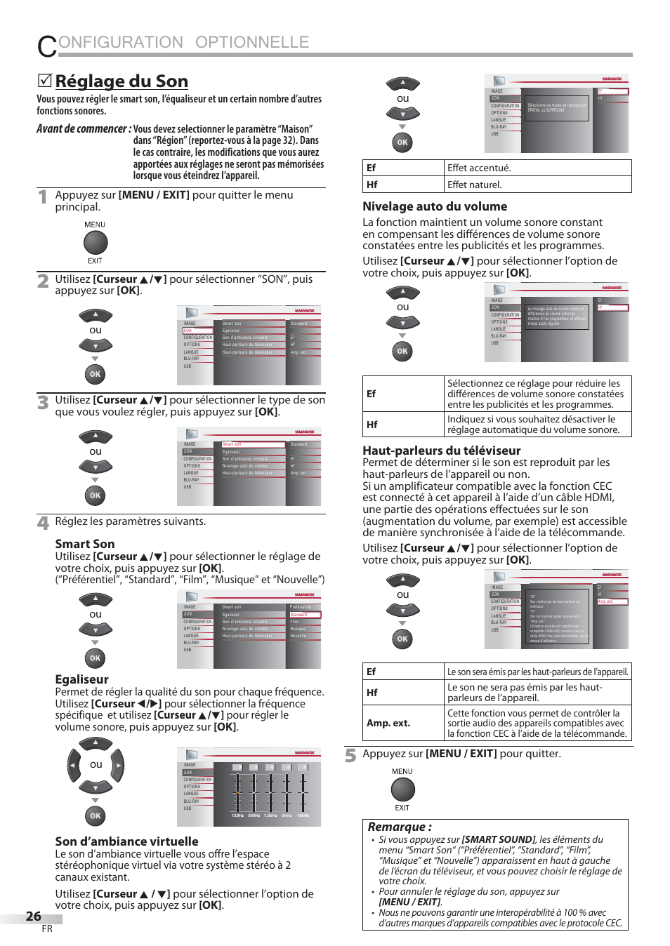 Onfiguration optionnelle, Réglage du son, Avant de commencer | Smart son, Egaliseur, Son d’ambiance virtuelle, Nivelage auto du volume, Haut-parleurs du téléviseur, Remarque | Philips Magnavox 42MD459B User Manual | Page 87 / 182