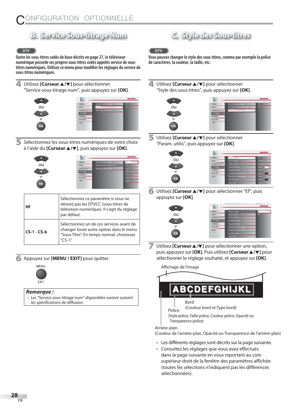 Onfiguration optionnelle, Abcdefghijkl, B. service sous-titrage num | C. style des sous-titres, Remarque | Philips Magnavox 42MD459B User Manual | Page 89 / 182