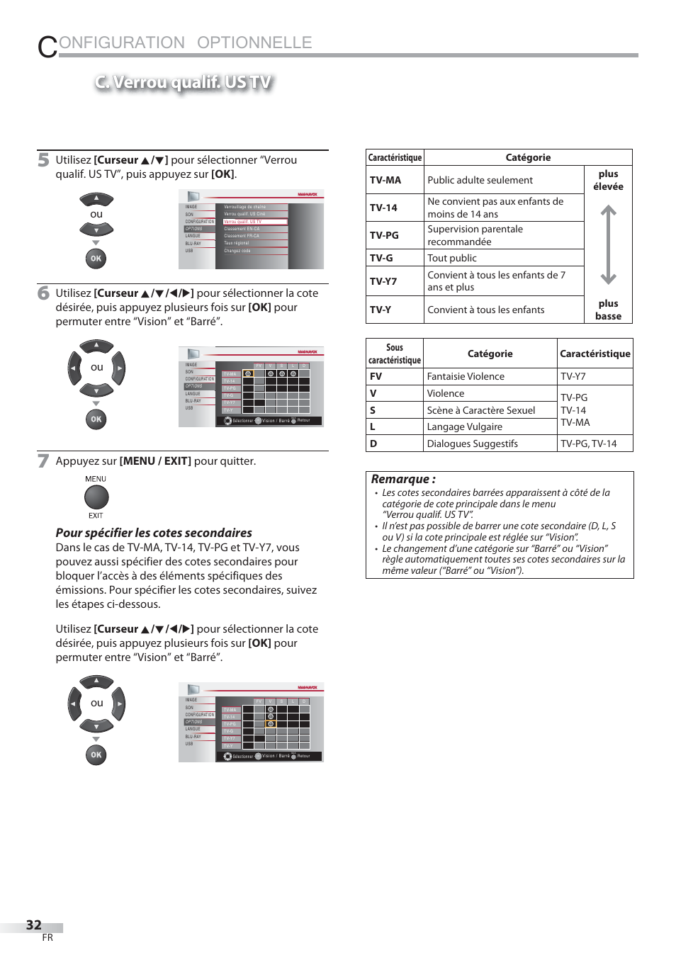 Onfiguration optionnelle, C. verrou qualif. us tv, Pour spécifier les cotes secondaires | Remarque | Philips Magnavox 42MD459B User Manual | Page 93 / 182