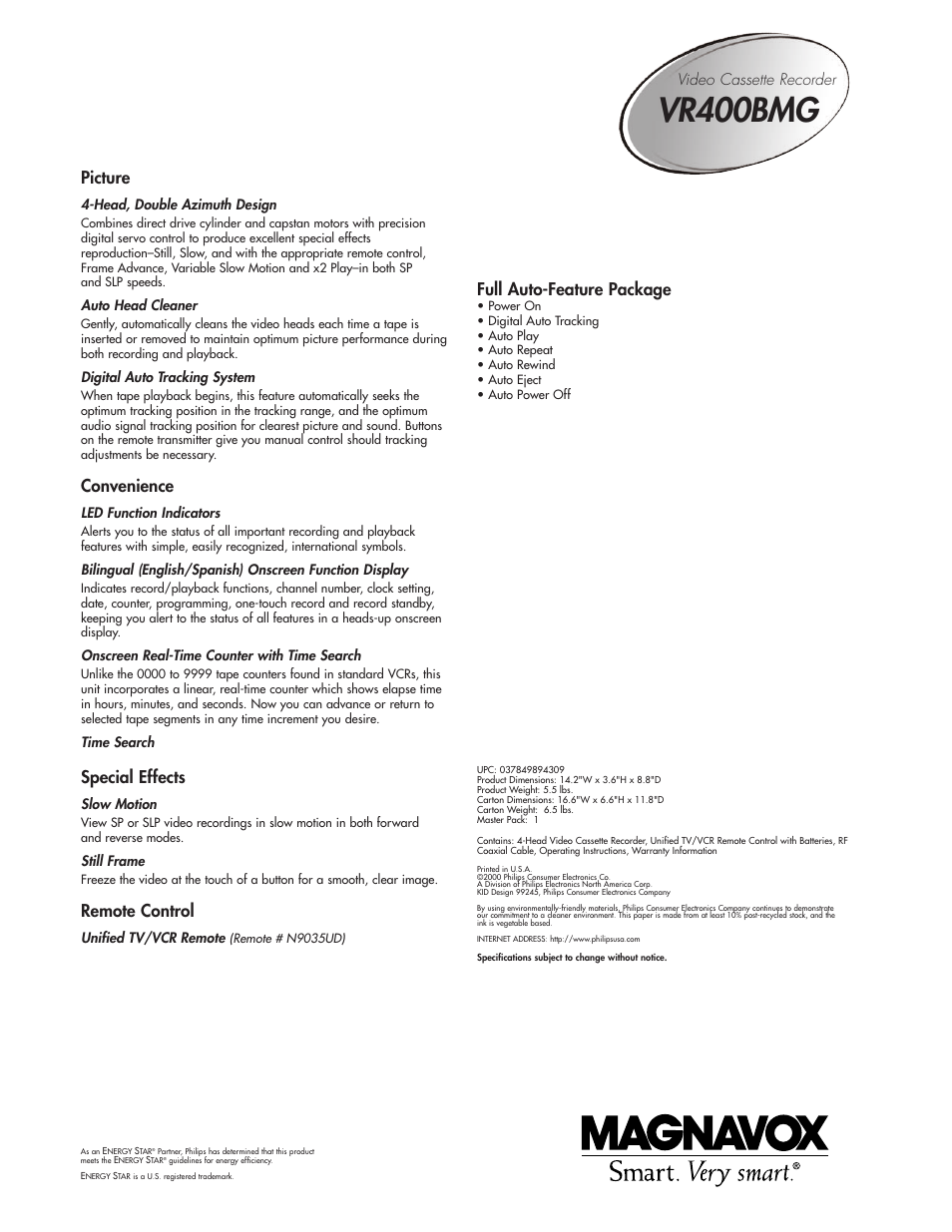 Vr400bmg, Picture, Convenience | Special effects, Remote control, Full auto-feature package, Video cassette recorder | Philips Magnavox VR400BMG User Manual | Page 2 / 2