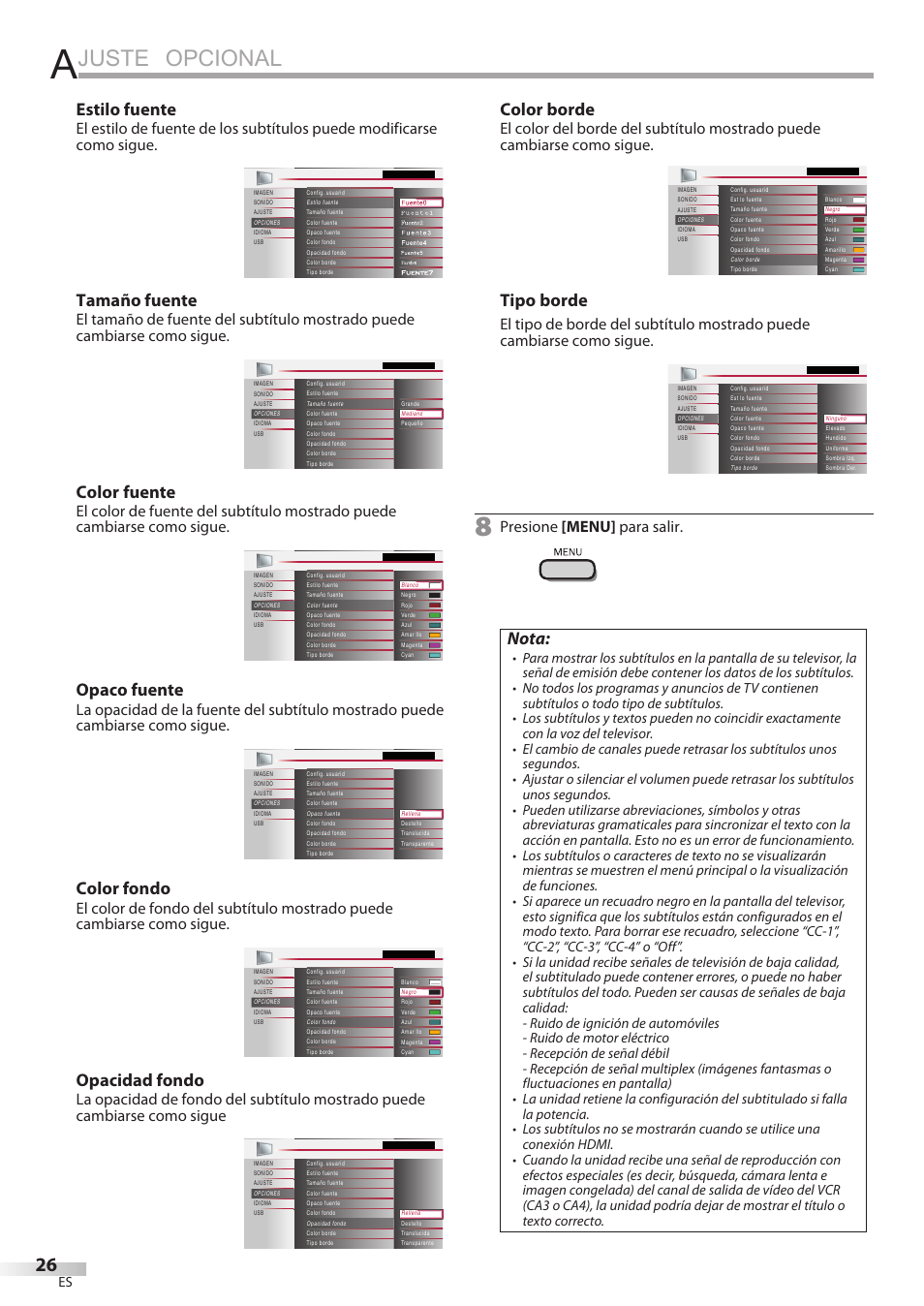 Juste opcional, Estilo fuente, Tamaño fuente | Color fuente, Opaco fuente, Color fondo, Opacidad fondo, Color borde, Tipo borde, Nota | Philips Magnavox 42MF439B User Manual | Page 106 / 120