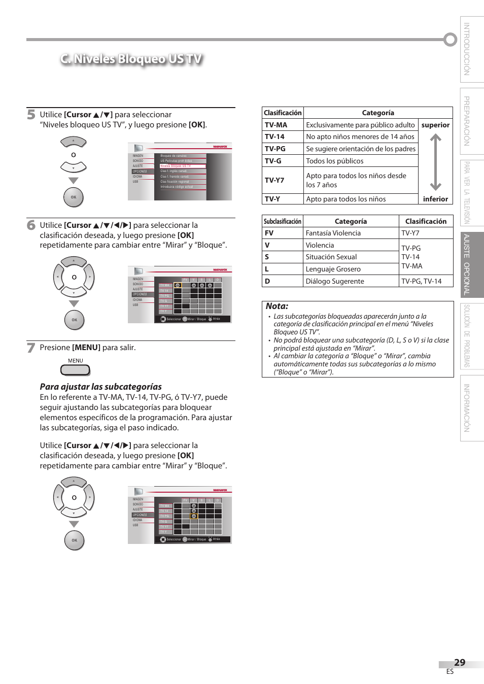 C. niveles bloqueo us tv, Para ajustar las subcategorías, Nota | Presione [menu] para salir | Philips Magnavox 42MF439B User Manual | Page 109 / 120