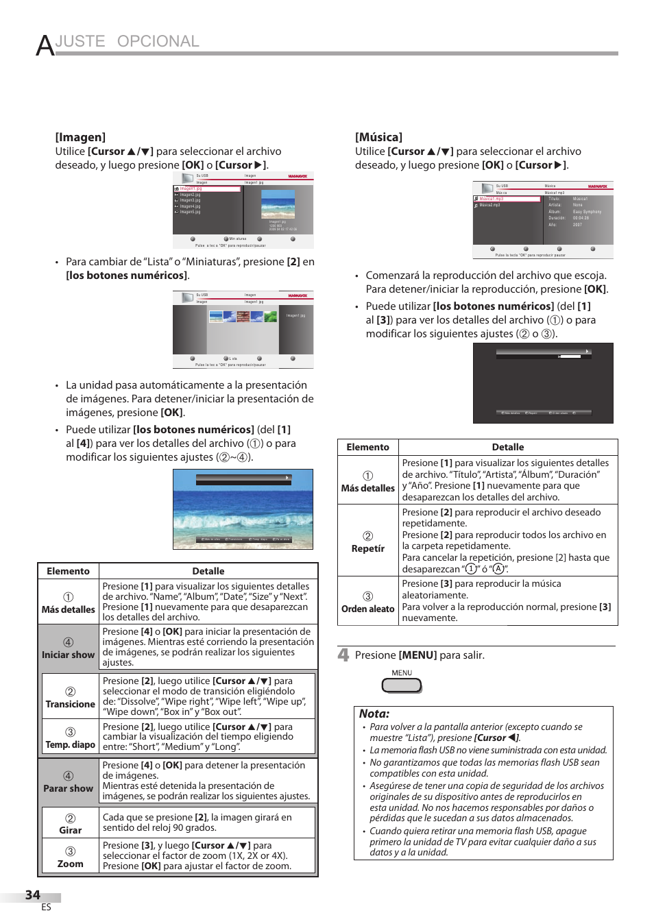 Juste opcional, Imagen, Música | Nota, O para modificar los siguientes ajustes, Presione [menu] para salir | Philips Magnavox 42MF439B User Manual | Page 114 / 120