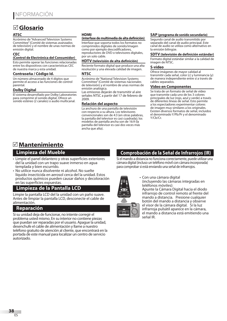 Nformación, Glosario 5 mantenimiento 5, Limpieza del mueble | Limpieza de la pantalla lcd, Reparación, Comprobación de la señal de infrarrojos (ir) | Philips Magnavox 42MF439B User Manual | Page 118 / 120