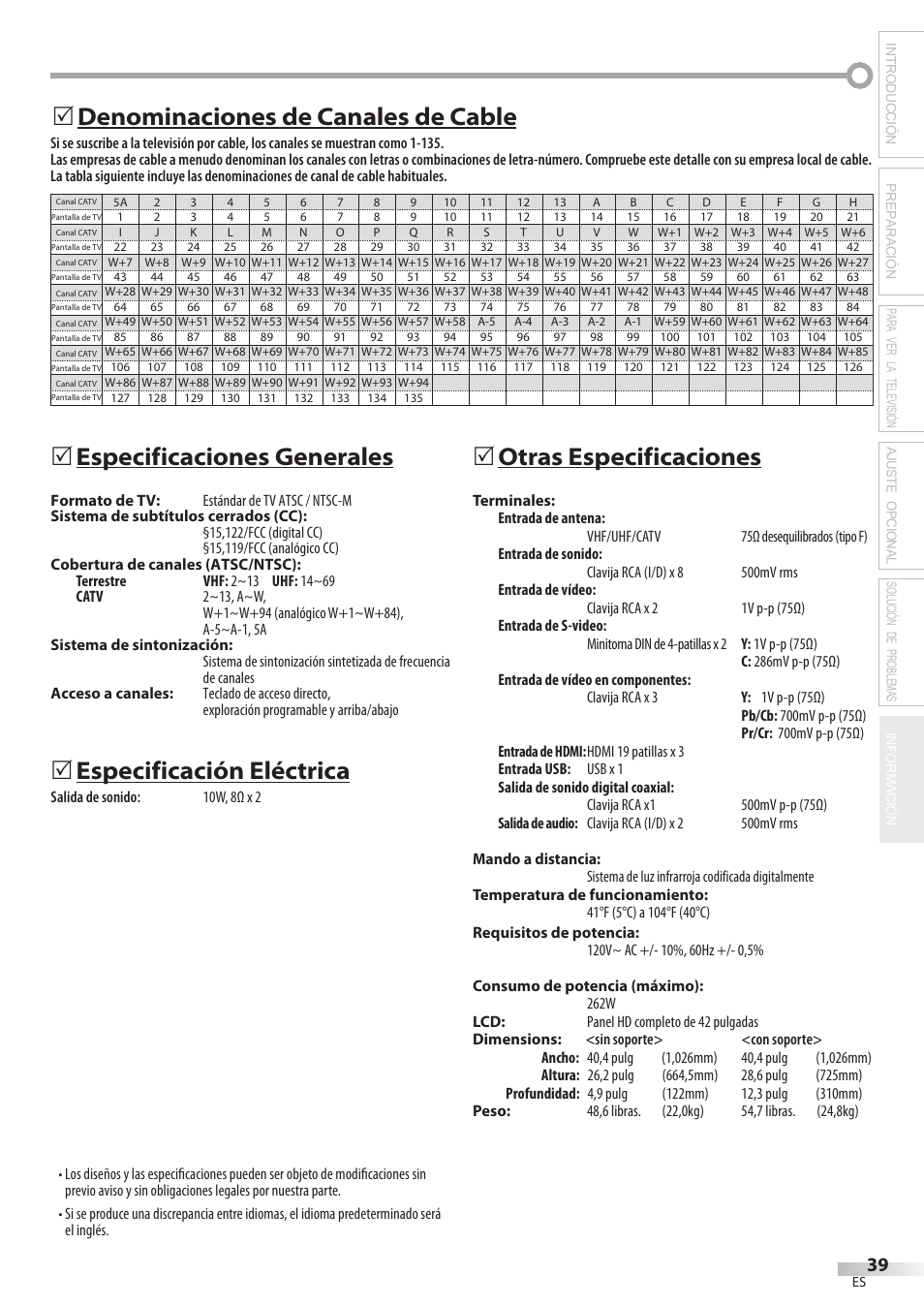 Especificaciones generales, Especificación eléctrica, 5otras especificaciones | Denominaciones de canales de cable 5 | Philips Magnavox 42MF439B User Manual | Page 119 / 120