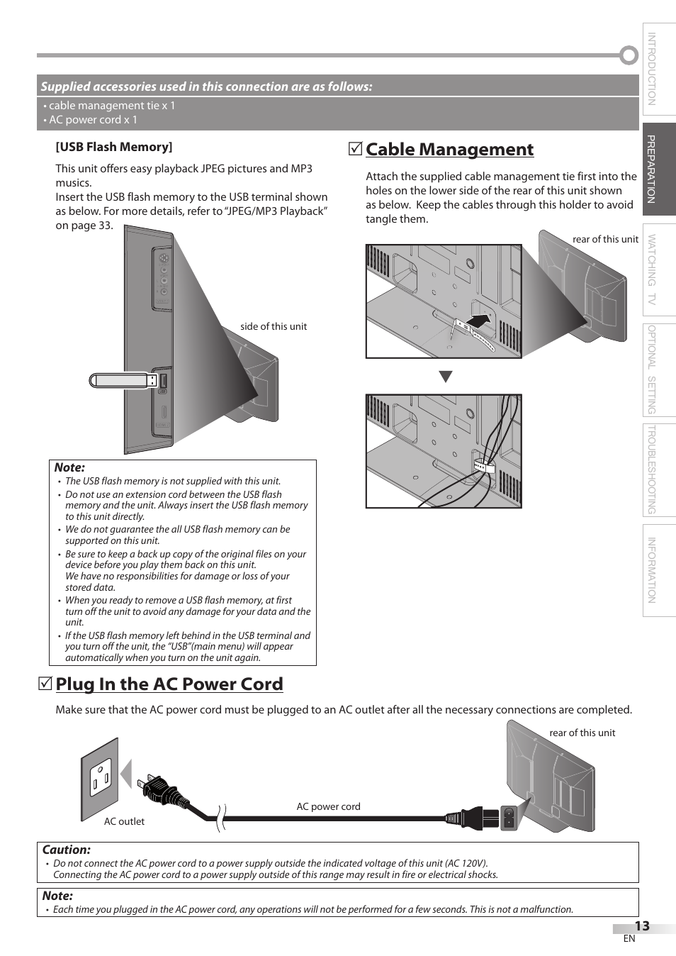 Cable management, Plug in the ac power cord | Philips Magnavox 42MF439B User Manual | Page 13 / 120