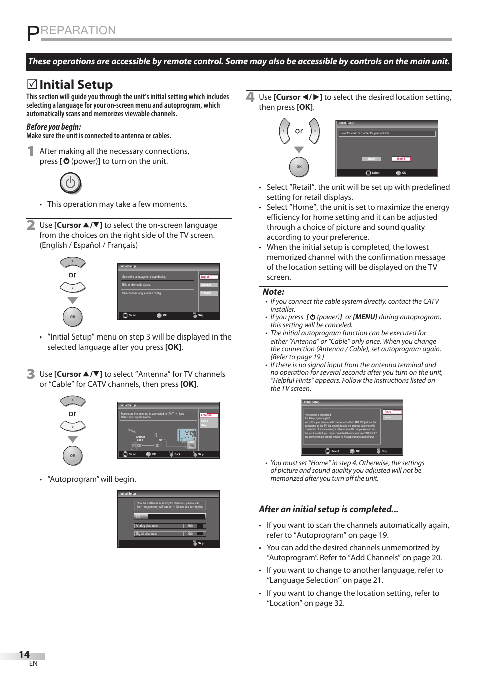 Reparation, Initial setup, Before you begin | After an initial setup is completed, Autoprogram” will begin | Philips Magnavox 42MF439B User Manual | Page 14 / 120