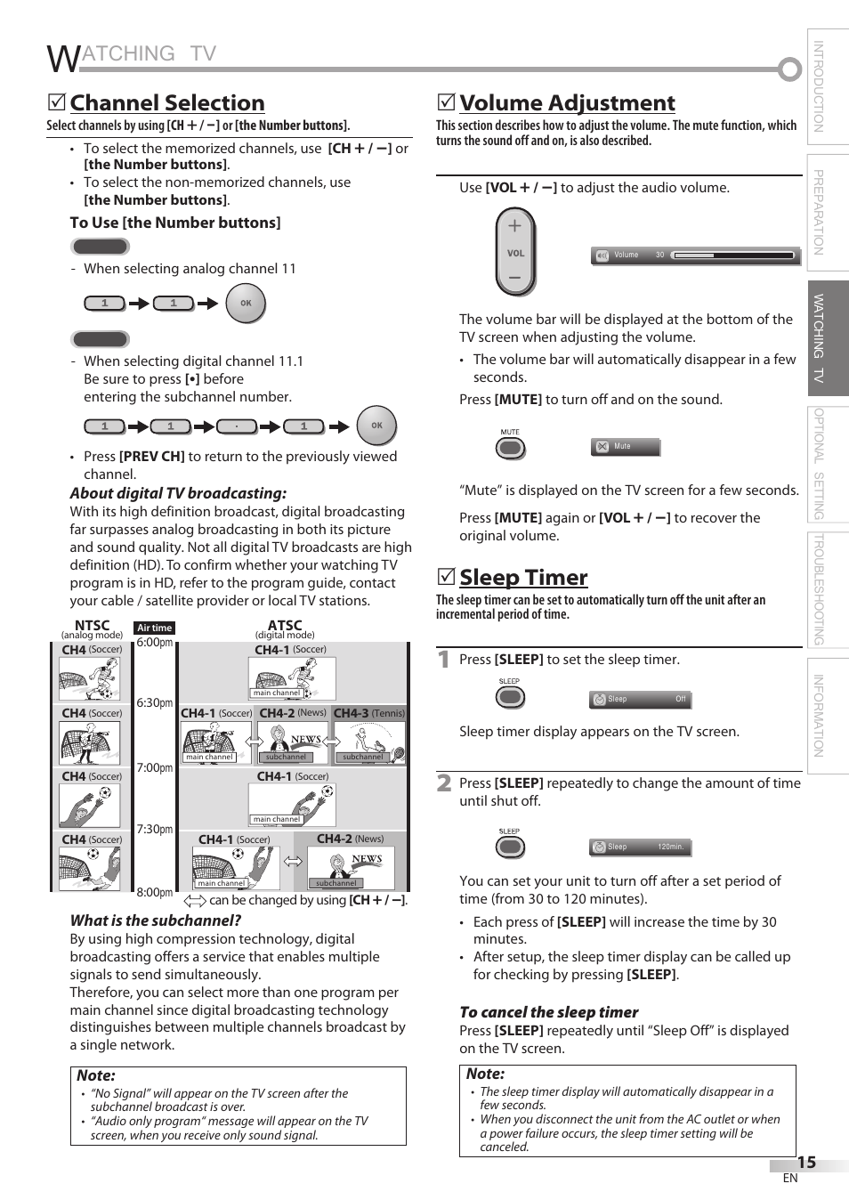 Atching tv, Channel selection, Volume adjustment | Sleep timer | Philips Magnavox 42MF439B User Manual | Page 15 / 120