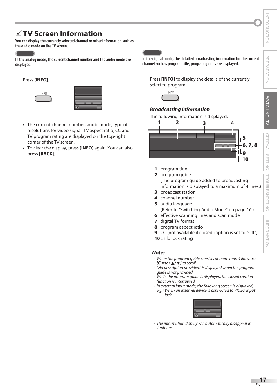 Tv screen information, Broadcasting information, Video | Philips Magnavox 42MF439B User Manual | Page 17 / 120