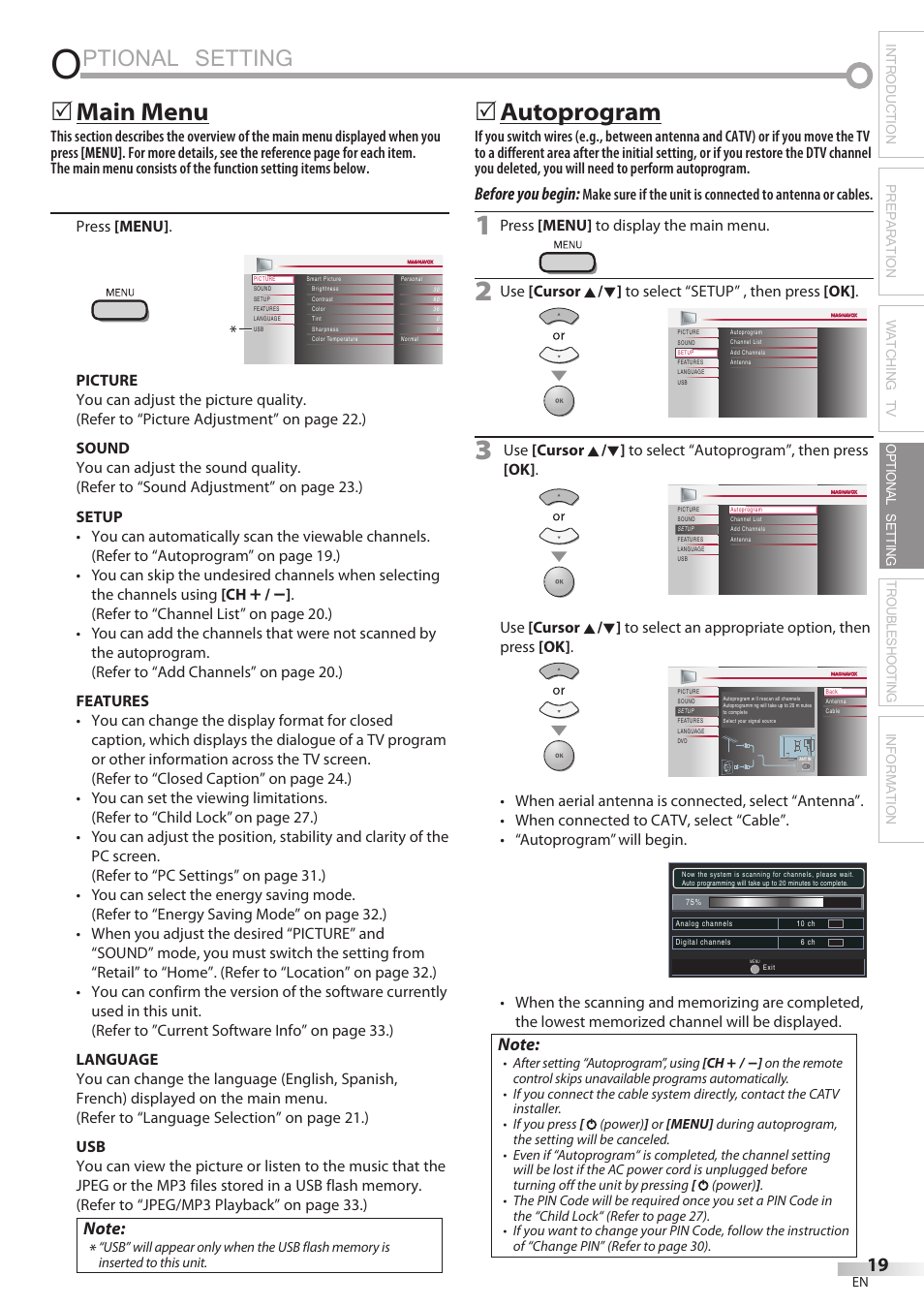 Ptional setting, Main menu, Autoprogram | Before you begin | Philips Magnavox 42MF439B User Manual | Page 19 / 120