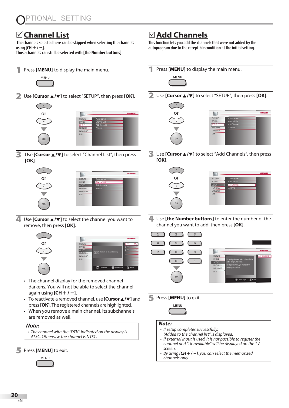 Ptional setting, Channel list, Add channels | Philips Magnavox 42MF439B User Manual | Page 20 / 120