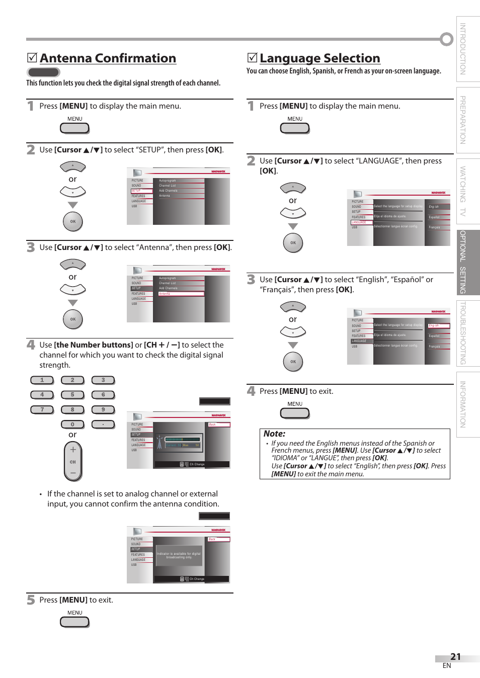 Antenna confirmation, Language selection, Press [menu] to display the main menu | Use [the number buttons] or [ch, Press [menu] to exit | Philips Magnavox 42MF439B User Manual | Page 21 / 120