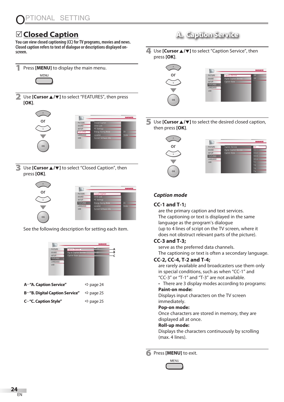 Ptional setting, Closed caption, 5a. caption service a. caption service | Caption mode cc-1 and t-1, Cc-3 and t-3, Cc-2, cc-4, t-2 and t-4, Press [menu] to display the main menu, Press [menu] to exit | Philips Magnavox 42MF439B User Manual | Page 24 / 120