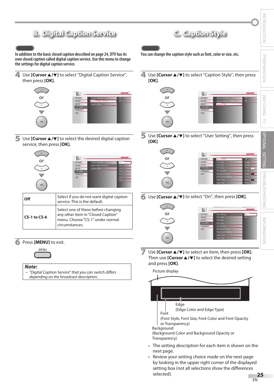 B. digital caption service, C. caption style, Press [menu] to exit | Use [cursor k / l ] to select “on”, then press [ok | Philips Magnavox 42MF439B User Manual | Page 25 / 120