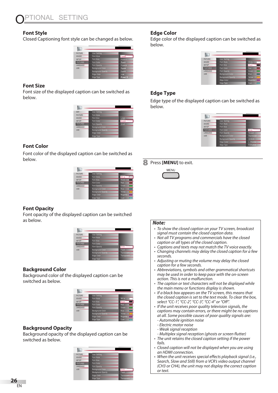 Ptional setting, Font style, Font size | Font color, Font opacity, Background color, Background opacity, Edge color, Edge type, Press [menu] to exit | Philips Magnavox 42MF439B User Manual | Page 26 / 120