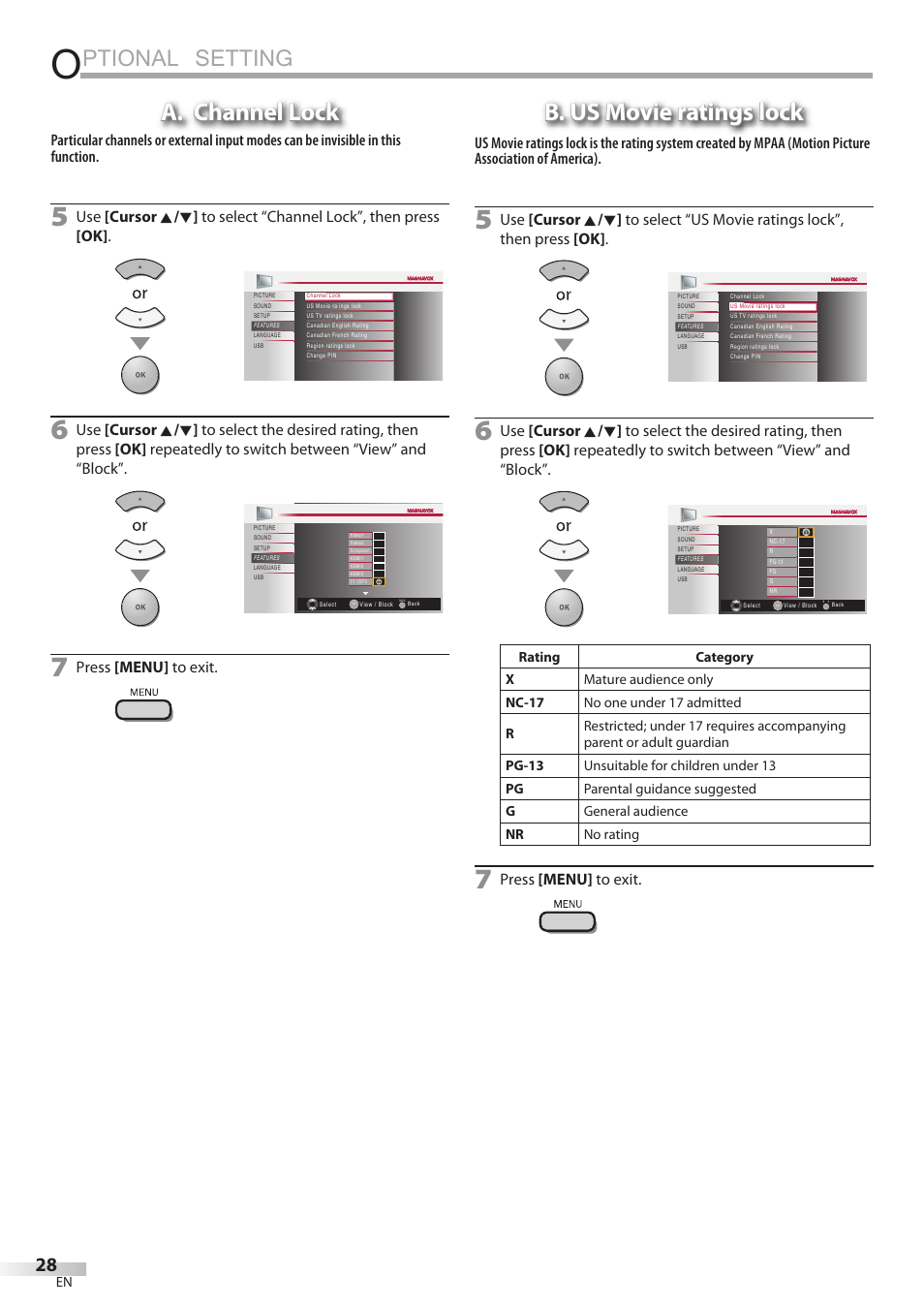 Ptional setting, A. channel lock, B. us movie ratings lock | Press [menu] to exit | Philips Magnavox 42MF439B User Manual | Page 28 / 120