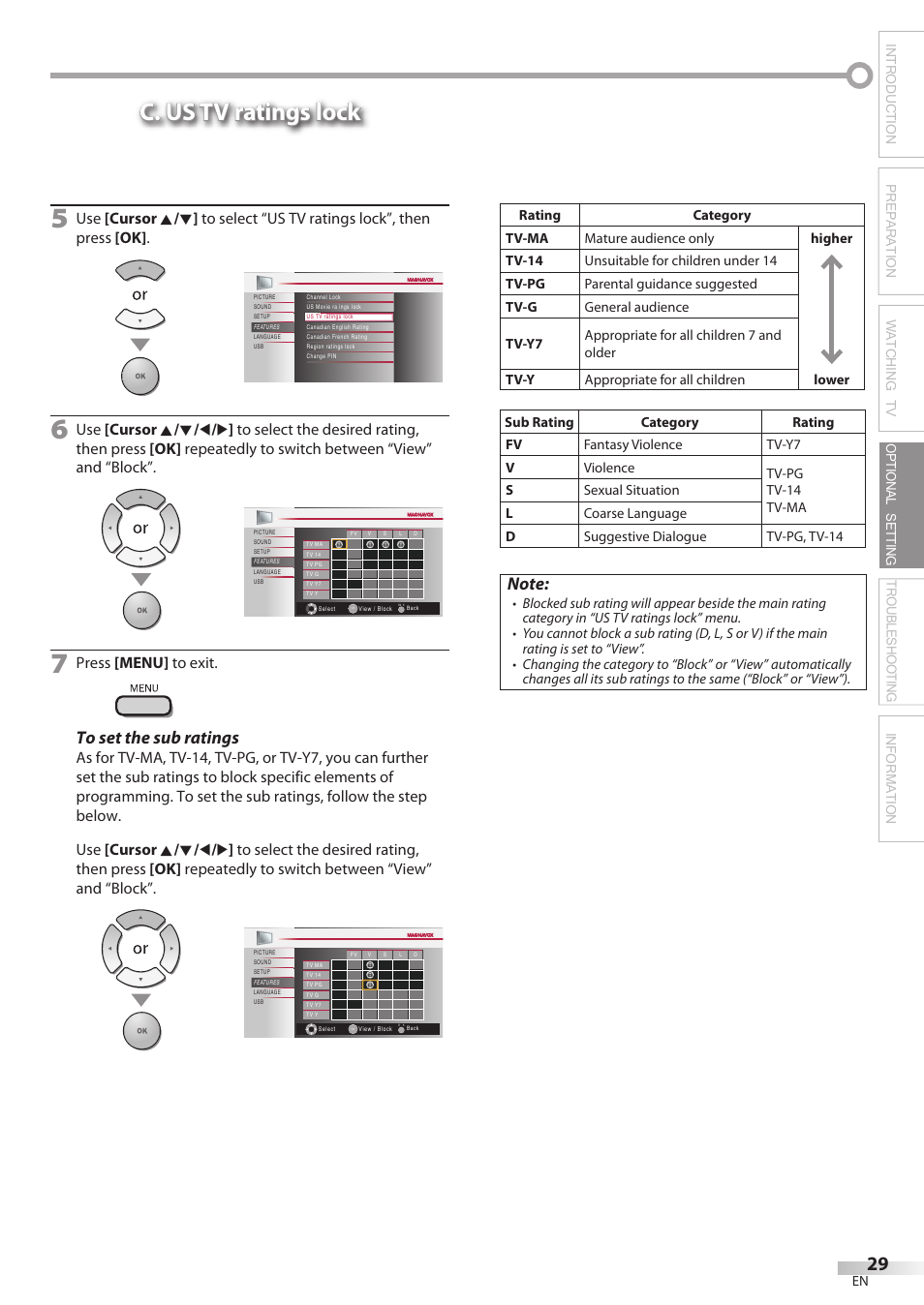 C. us tv ratings lock, Press [menu] to exit | Philips Magnavox 42MF439B User Manual | Page 29 / 120