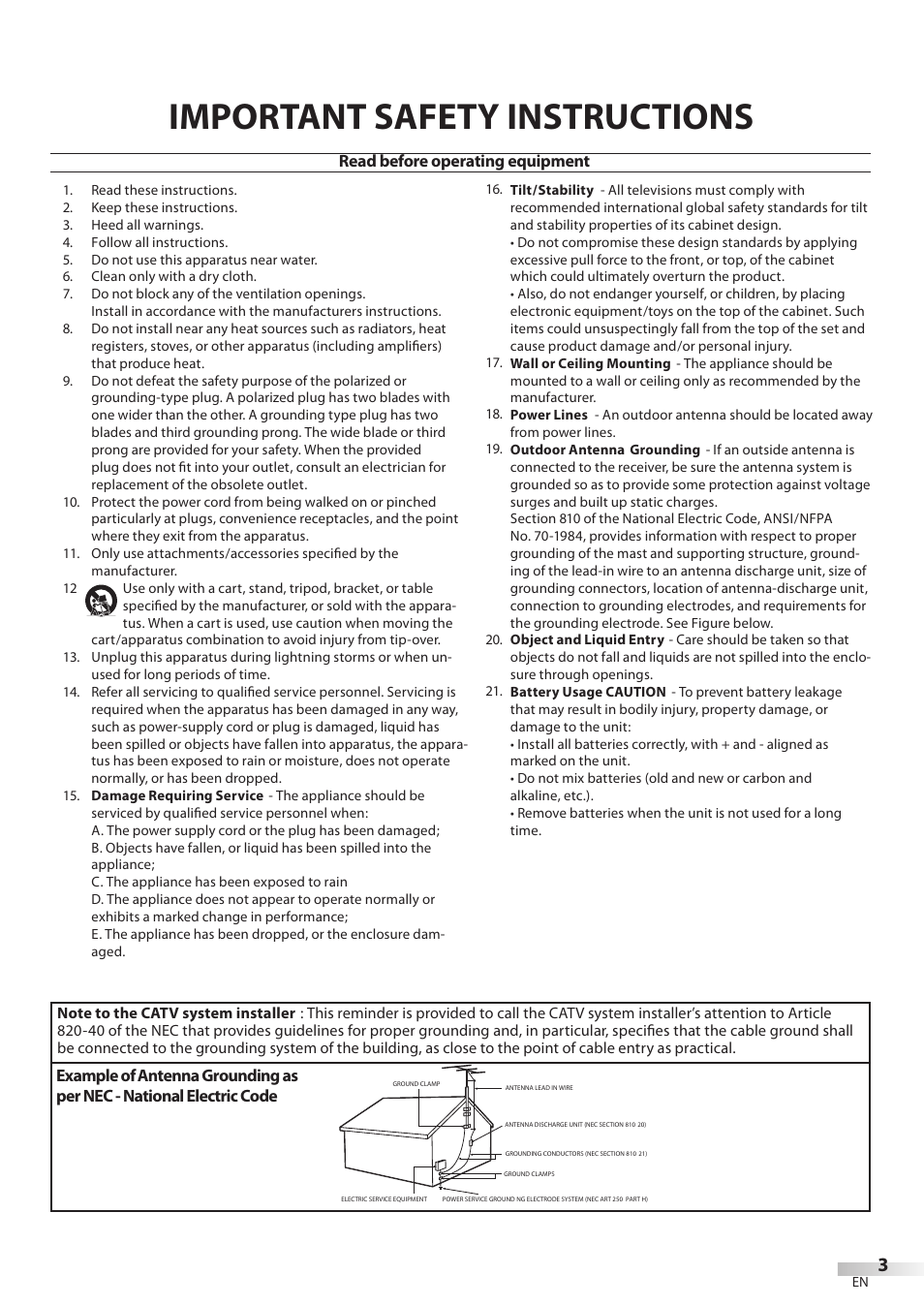 Important safety instructions, Read before operating equipment | Philips Magnavox 42MF439B User Manual | Page 3 / 120