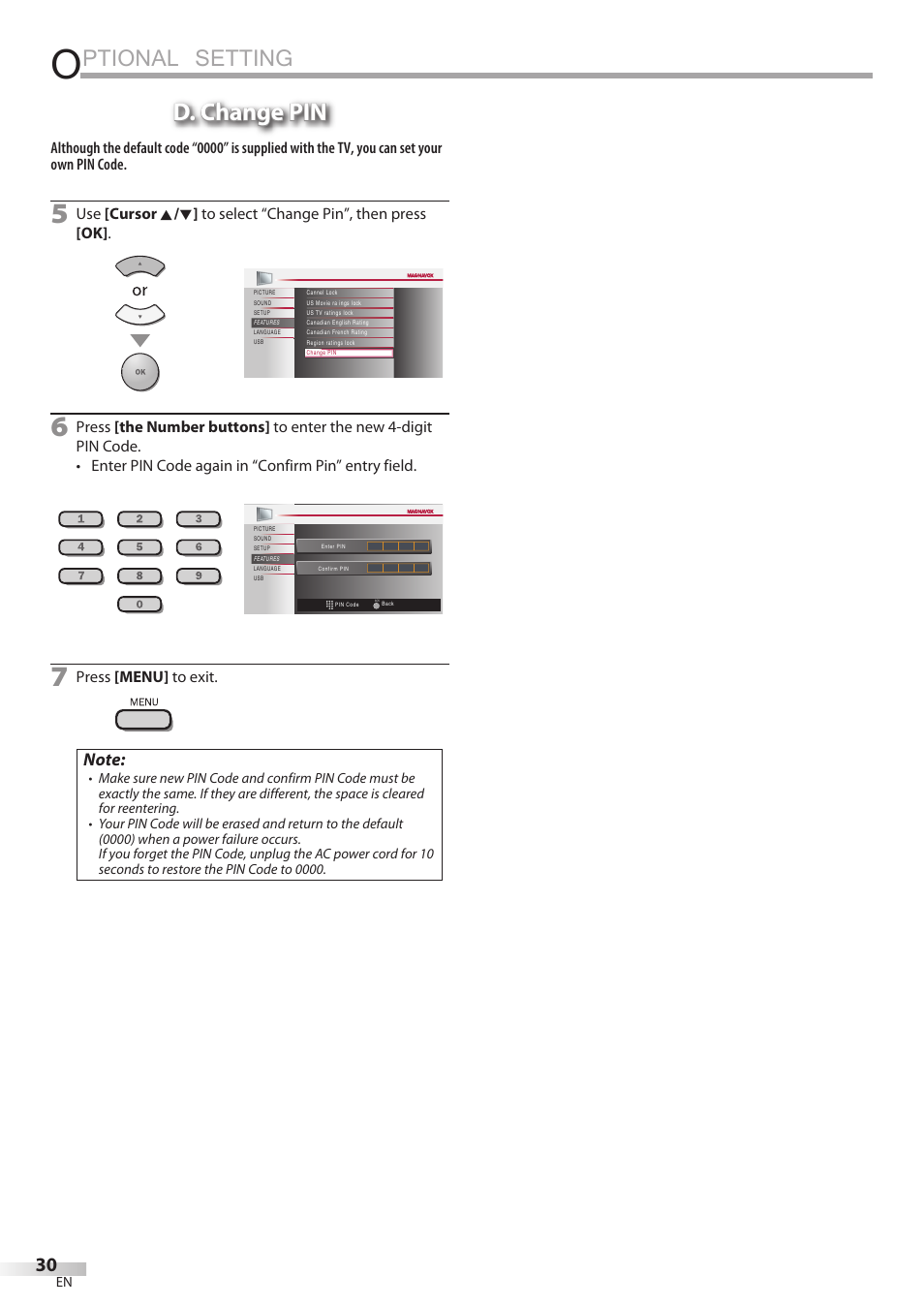 Ptional setting, D. change pin | Philips Magnavox 42MF439B User Manual | Page 30 / 120